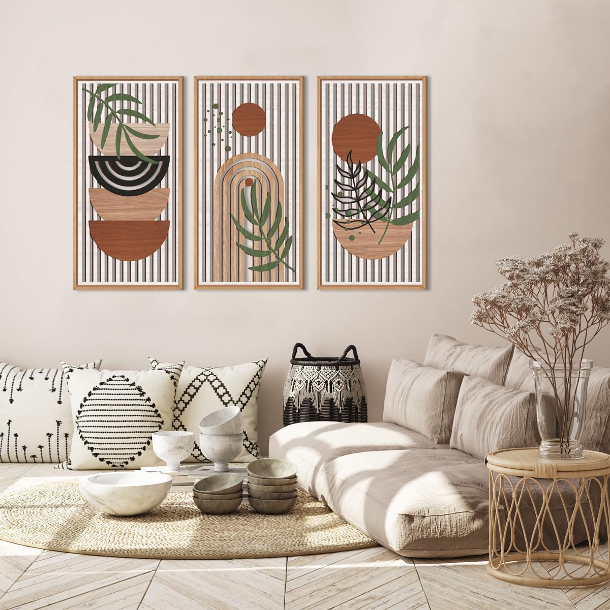 IARTTOP Large Boho Mid-century Modern Wood Wall Art 16x32 Inch Framed Green Abstract Leaf Wooden Wall Decor Bohemian Minimalist Geometric Wall Art Decor for Bedroom Living Room Office Set of 3 Gronata