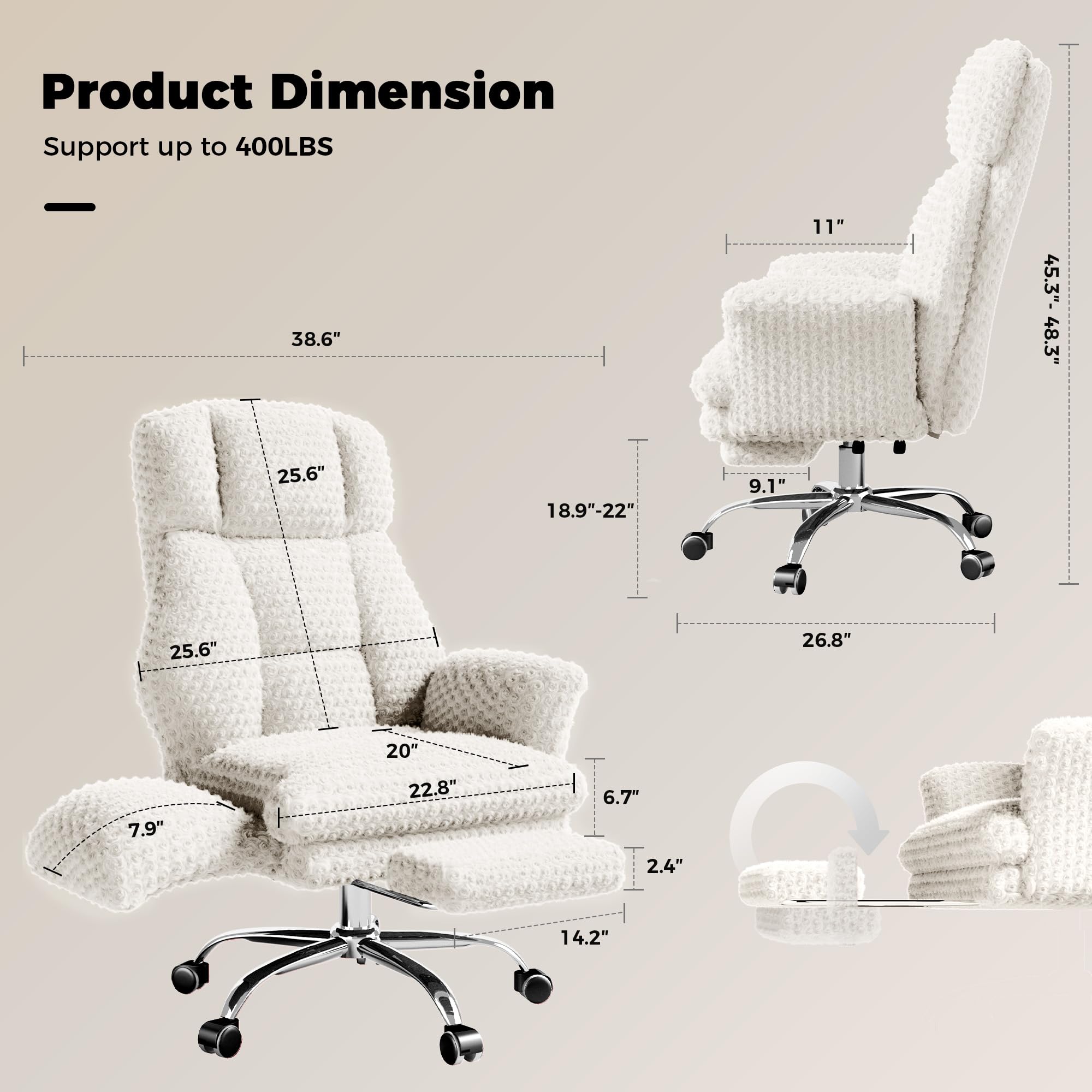 Big and Tall Office Chair, Flip Armrests for Pets & Cross Legged Sitting, Executive Ergonomic Computer Gaming Chair with Foot Rest, Teddy Fleece Wide Seat Reclining Desk Chair, White Vanity Chair Gronata