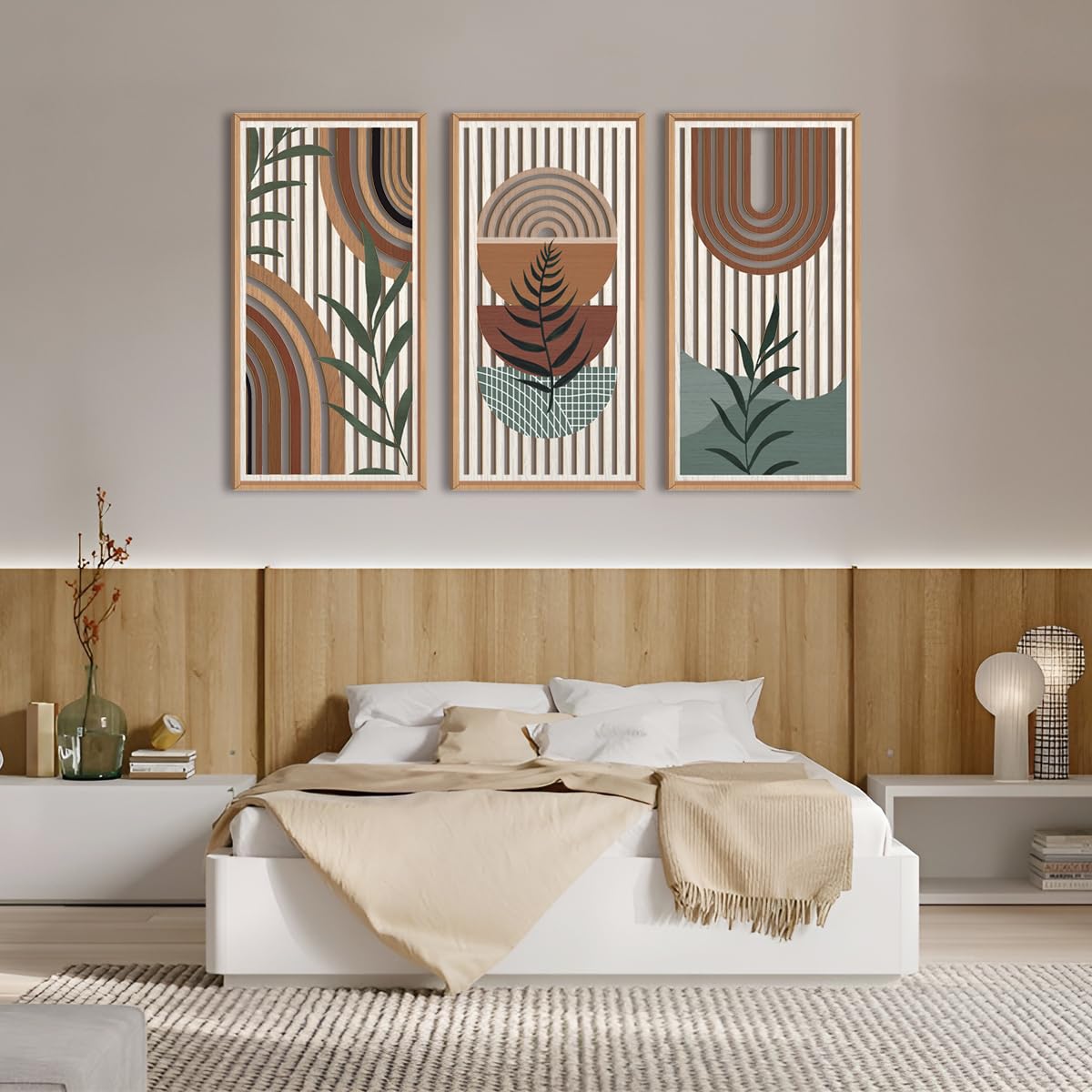 IARTTOP Large Boho Mid-century Modern Wood Wall Art 16x32 Inch Framed Green Abstract Leaf Wooden Wall Decor Bohemian Minimalist Geometric Wall Art Decor for Bedroom Living Room Office Set of 3 Gronata