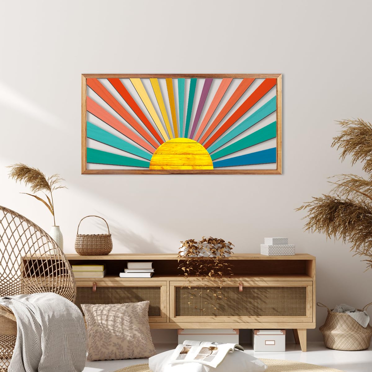 IARTTOP Large Boho Mid-century Modern Wood Wall Art 16x32 Inch Framed Green Abstract Leaf Wooden Wall Decor Bohemian Minimalist Geometric Wall Art Decor for Bedroom Living Room Office Set of 3 Gronata