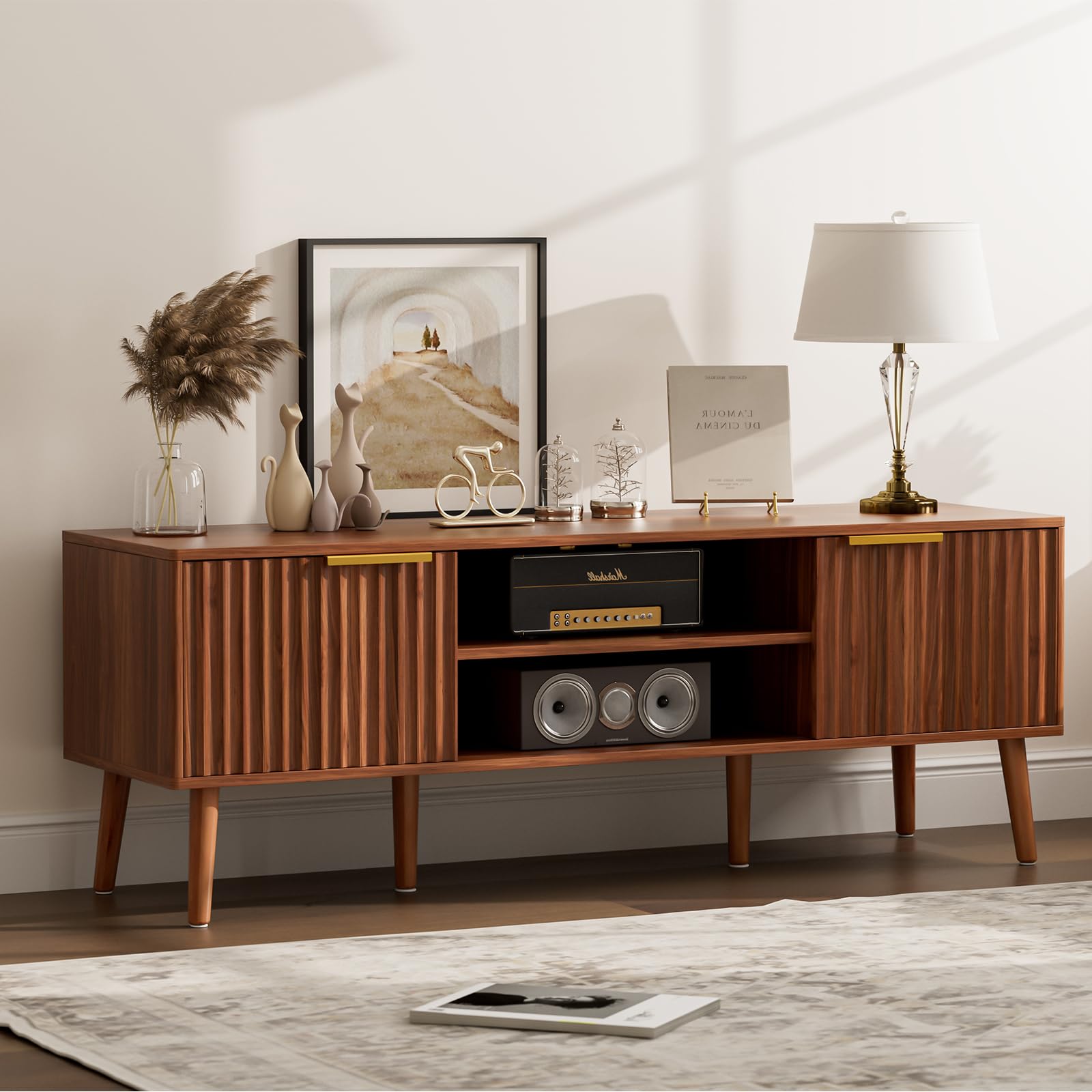 LCRBOL TV Stand for Living Room, Mid Century Modern Entertainment Center for 55/60 inch TVs, TV Console with Fluted Door Cabinets and Open Shelves, for Bedroom, Walnut Gronata
