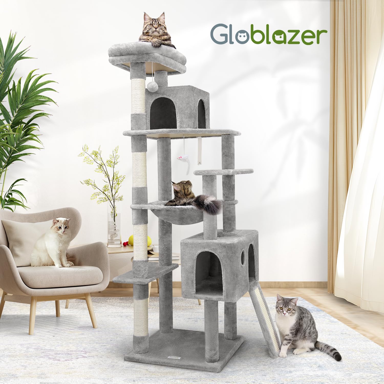 Globlazer Heavy Duty Cat Tree, 70 inch Sturdy Cat Tree for Indoor Cats Extra Large Cat Tower with Scratching Post, Hammock, Cat Condo for Adult Cats Kittens, F70 Pro, Light Grey Gronata