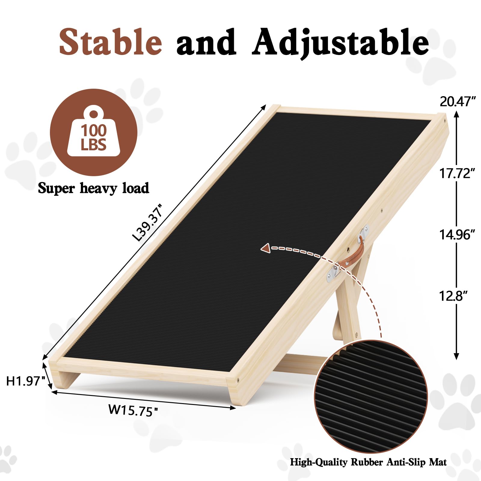 Chuiendi Dog Ramp for High Bed, Couch, Car, Pet Ramps 55.12" Long Adjustable 19.3"-27.17" Wooden Dog Step with Anti-slip Rubber Mat & Safety Side Rails for Small Medium Large Older Pets, up to 250 lbs Gronata