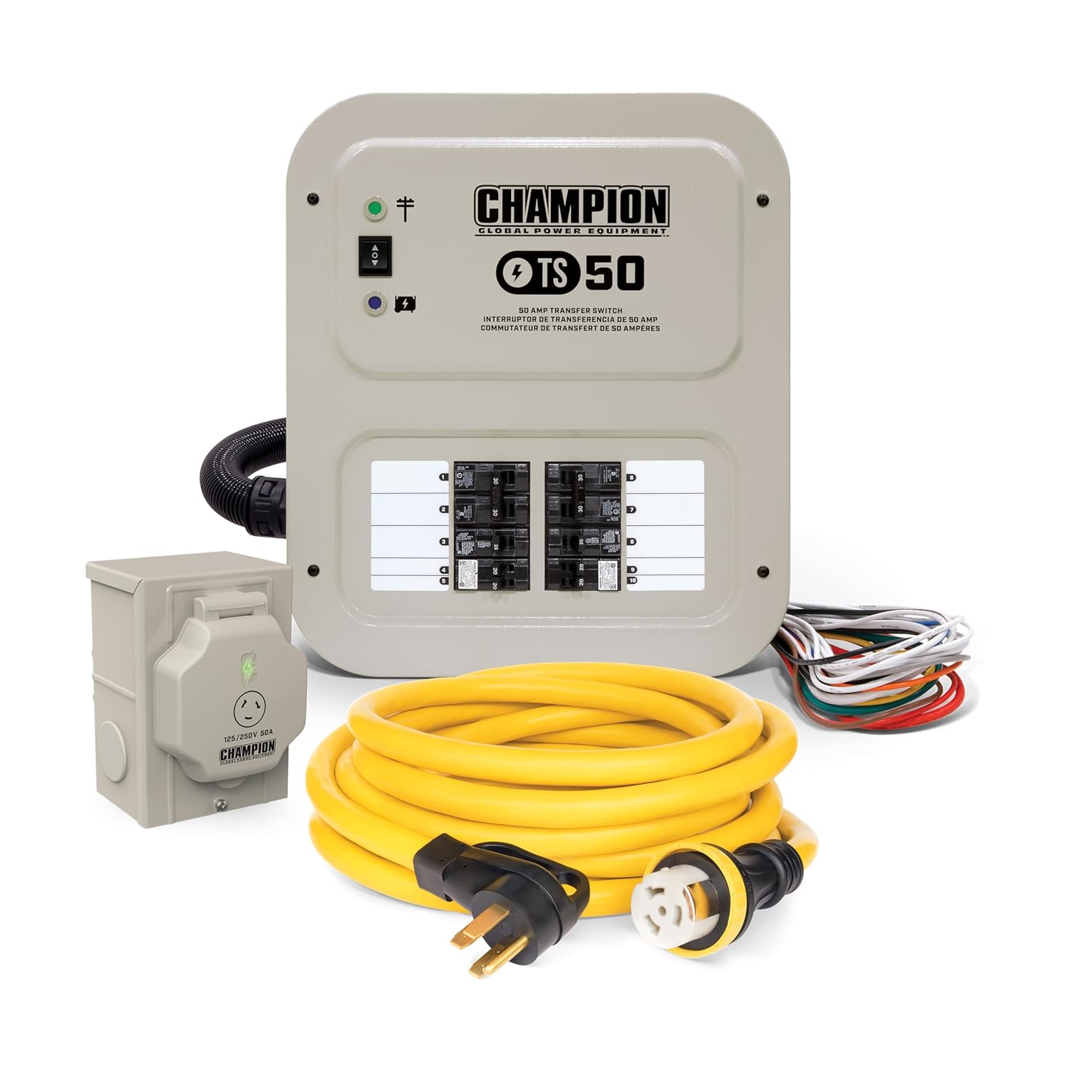 Champion Power Equipment 50-Amp Indoor-Rated Manual Transfer Switch with 30-Foot Generator Power Cord and Weather-Resistant Power Inlet Box Gronata