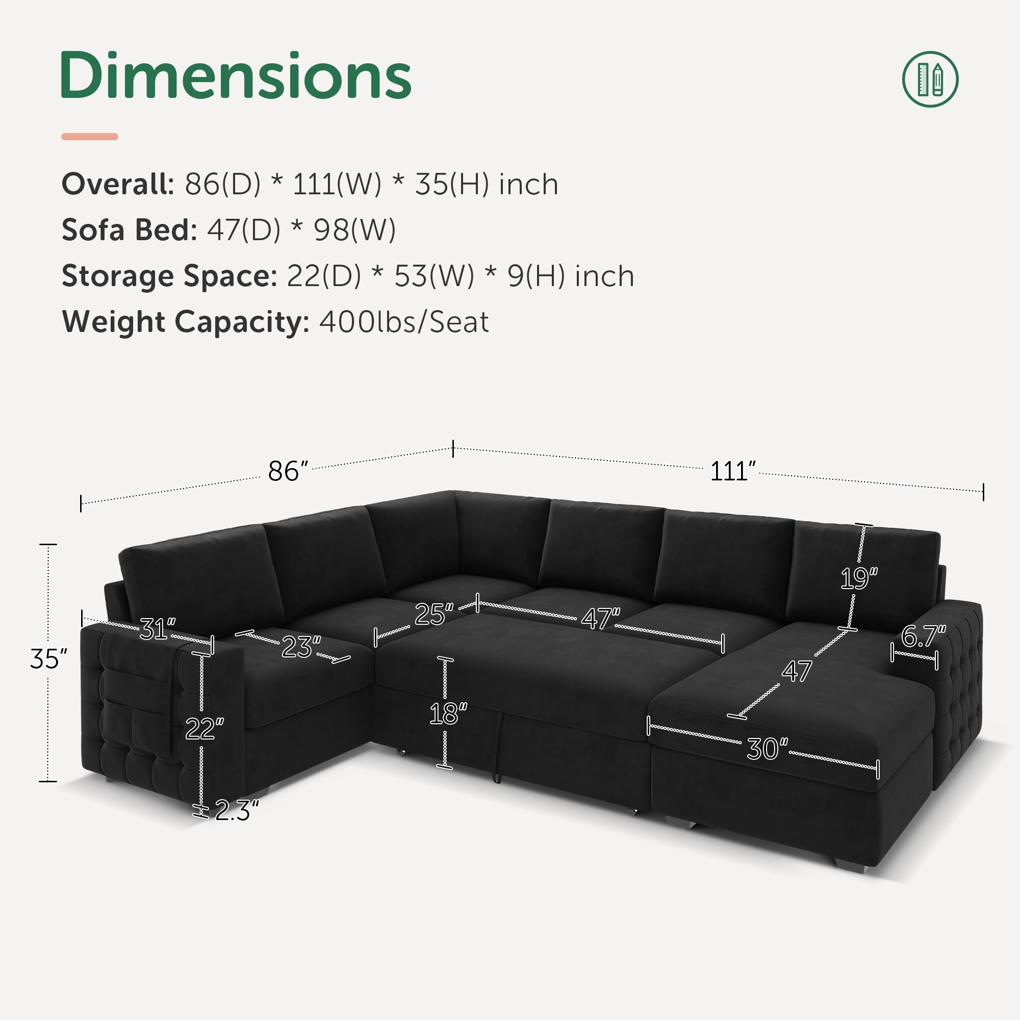 HONBAY Sectional Sleeper Sofa with Pull Out Bed U-Shape Sectional Couch Sleeper Bed with Storage Chaise 6 Seater Sleeper Sectional Sofa, Light Grey Gronata