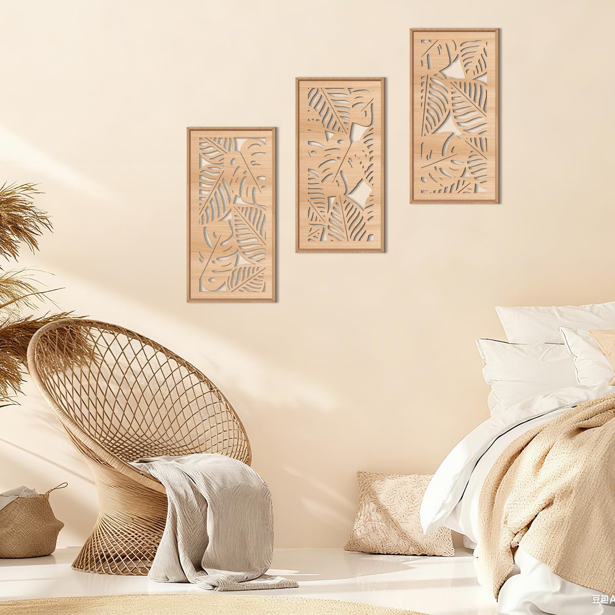 IARTTOP Large Boho Mid-century Modern Wood Wall Art 16x32 Inch Framed Green Abstract Leaf Wooden Wall Decor Bohemian Minimalist Geometric Wall Art Decor for Bedroom Living Room Office Set of 3 Gronata