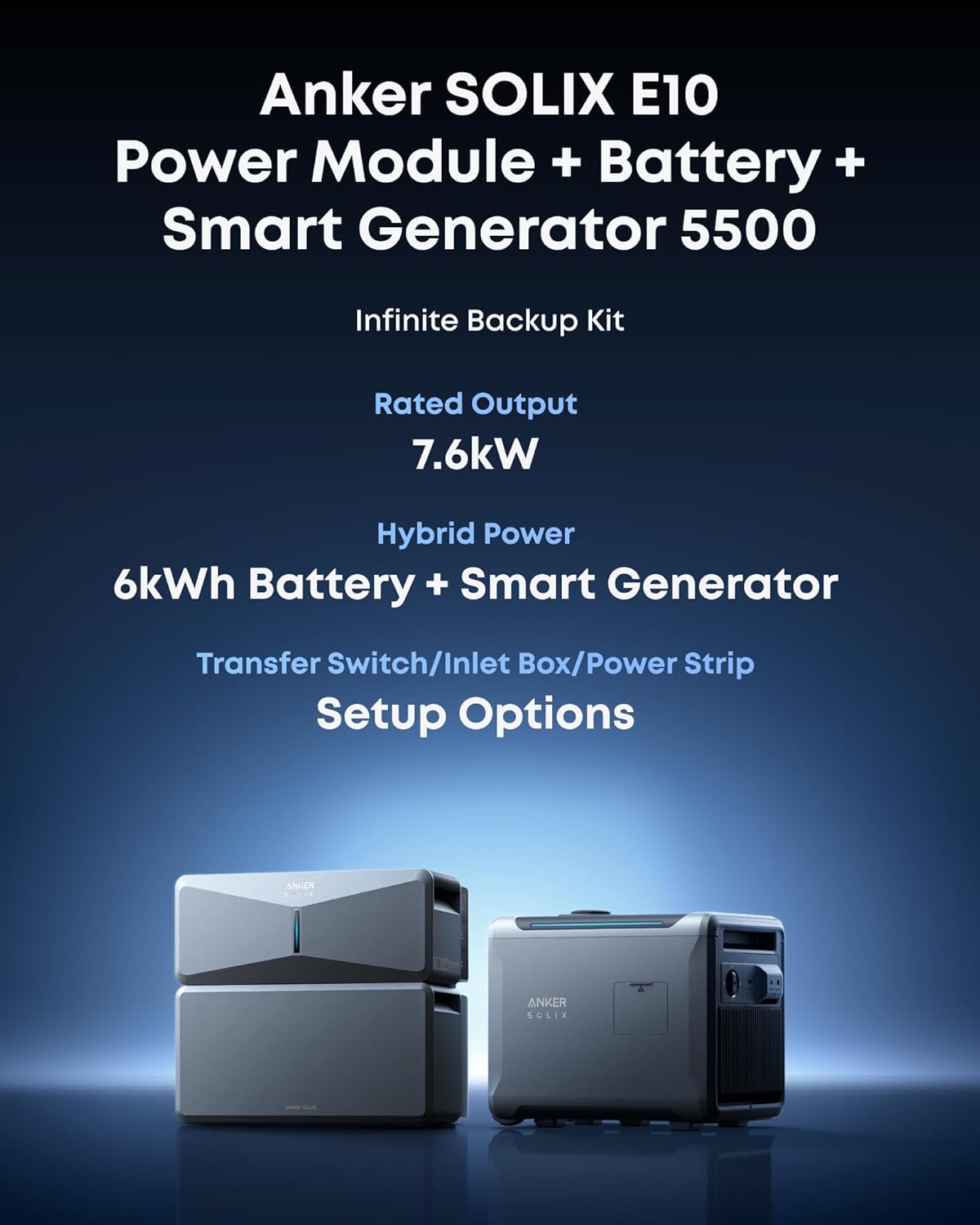 Anker SOLIX E10, Smart Generator 5500 (Not for CA), Infinite Backup, 6kWh Battery, 7.6kW Rated, 120 LRA, 9kW Solar, Tri-Fuel, 5x Backup Time, Up to 12-Month 0% APR Gronata