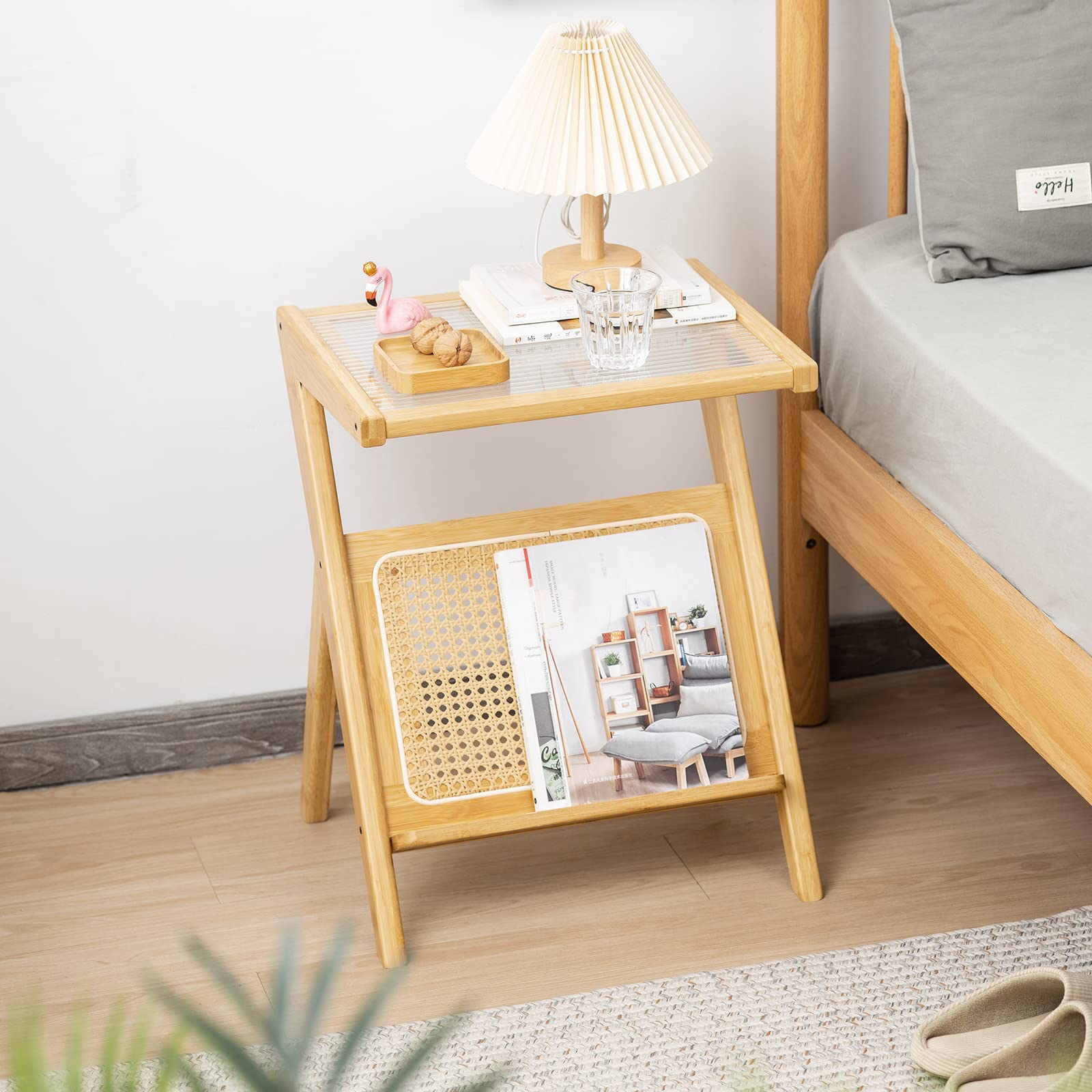 Tiita Rattan Coffee Table, Bamboo Accent Bedside Tables, Glass Nightstand Side Table, Boho Wooden End Table with Storage for Living Room,Living Room, Dining Room, Tea, Home Décor Gronata