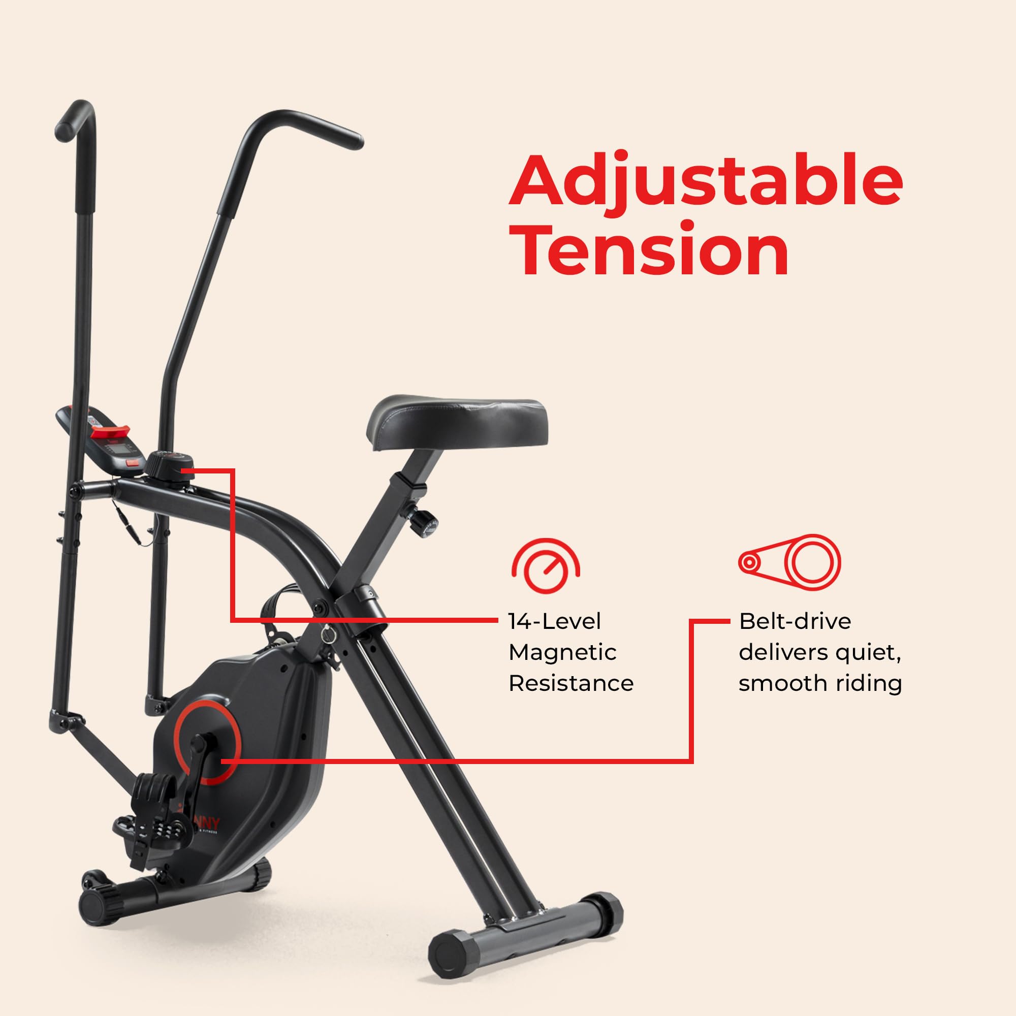 Sunny Health & Fitness Foldable Magnetic Stationary Exercise X-Bike Pro, 300 LB Capacity, Low-Impact, 14-Level Resistance, Ergonomic Support, SunnyFit App Enhanced Connectivity - SF-B223012 Gronata