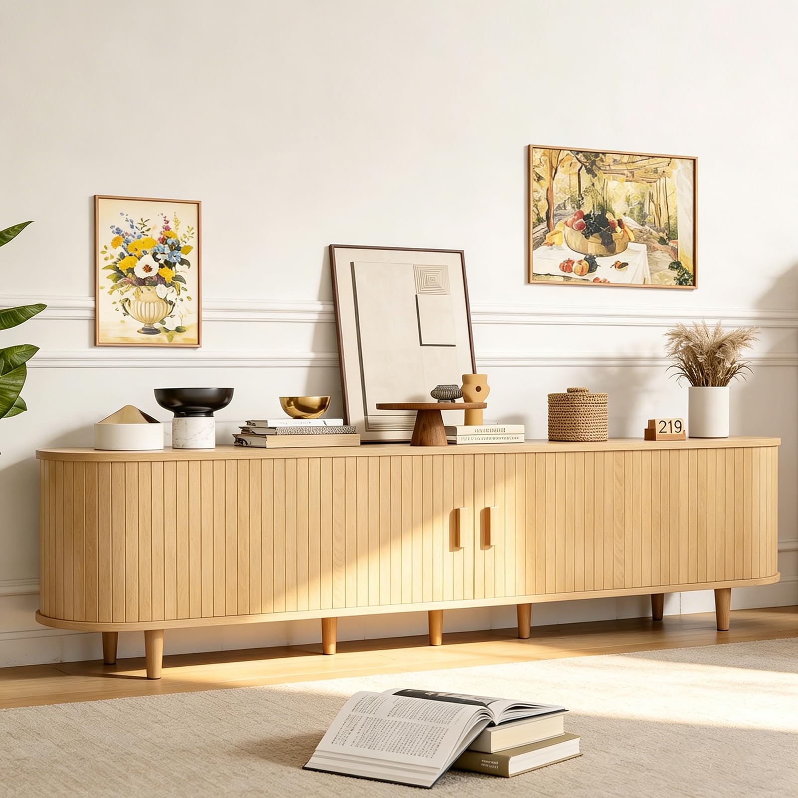 OneBlis 70" Mid Century Modern TV Stand, Wood TV Consoles with Sliding Doors and Power Outlet, Entertainment Center with Adjustable Shelves, Fluted TV Stands for Living Room, Walnut Gronata