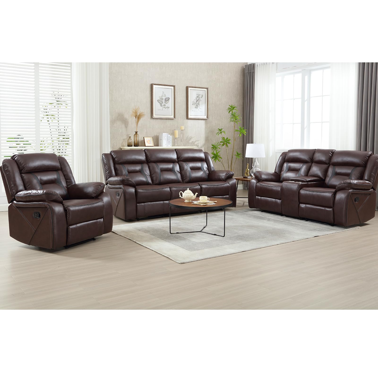 EBELLO Faux Leather Recliner Sofa Furniture Set for Living Room, 2 Recliner Chairs, 3 Seat Reclining Sofa Couch Set for Meeting Room, Brown Gronata