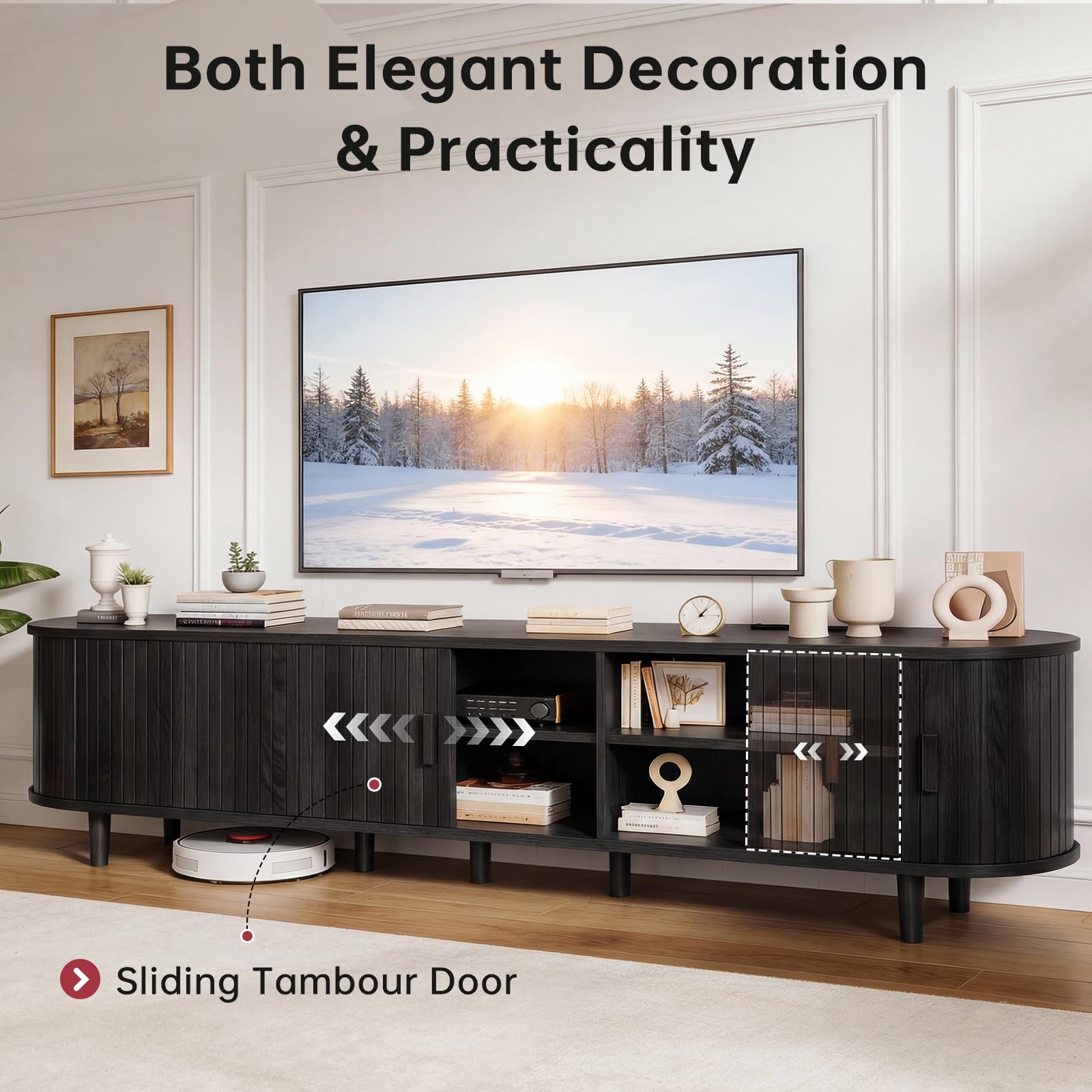 OneBlis 70" Mid Century Modern TV Stand, Wood TV Consoles with Sliding Doors and Power Outlet, Entertainment Center with Adjustable Shelves, Fluted TV Stands for Living Room, Walnut Gronata