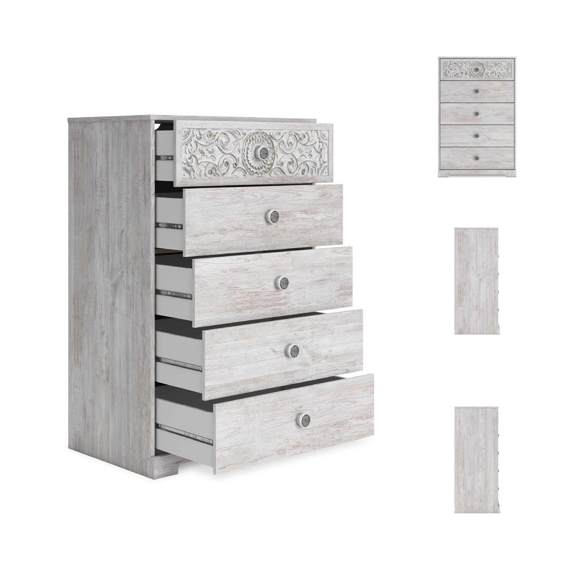 Signature Design by Ashley Shawburn Rustic 5 Drawer Chest of Smooth-Gliding Drawers and Safety Stop, White & Gray Gronata