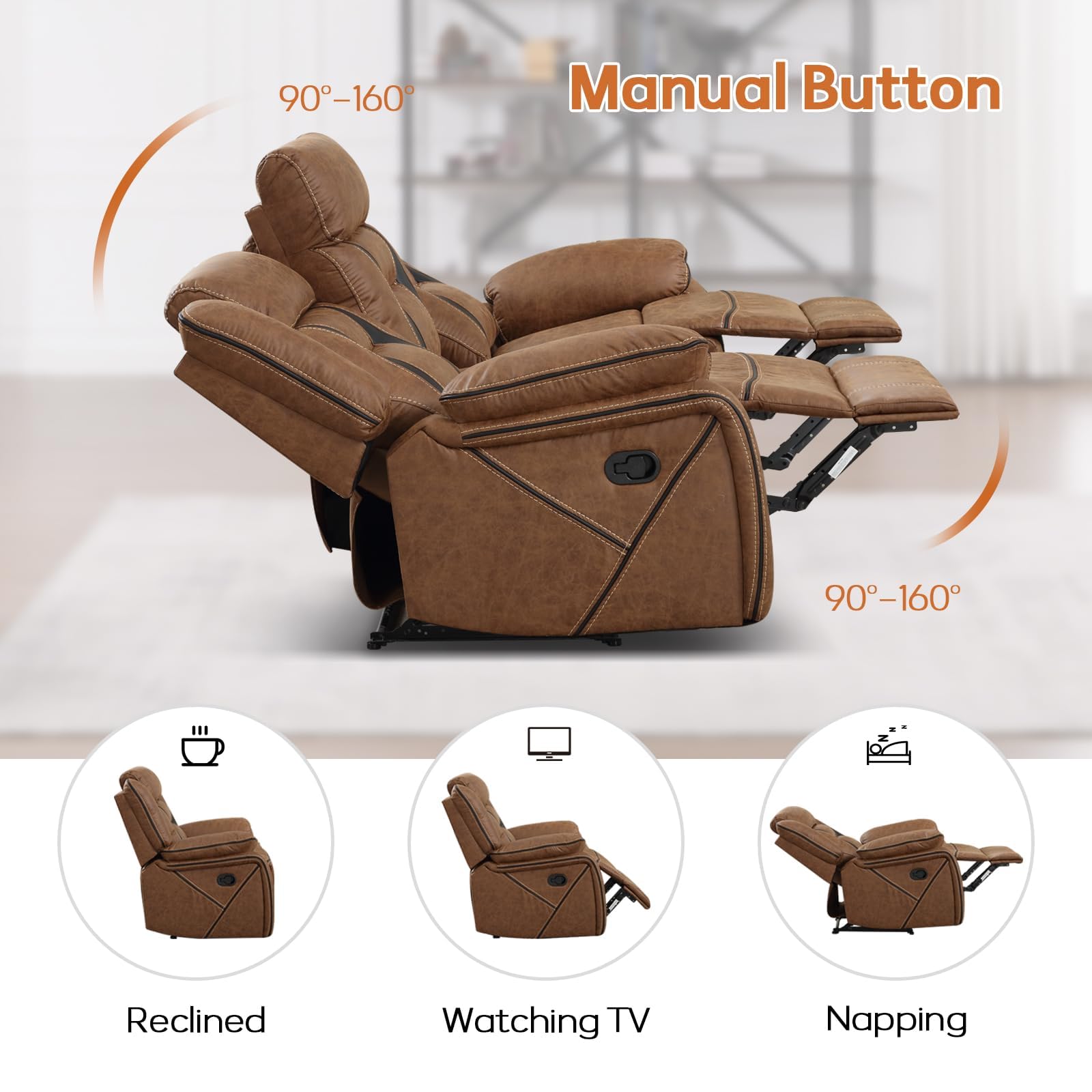 EBELLO Faux Leather Recliner Sofa Furniture Set for Living Room, 2 Recliner Chairs, 3 Seat Reclining Sofa Couch Set for Meeting Room, Brown Gronata