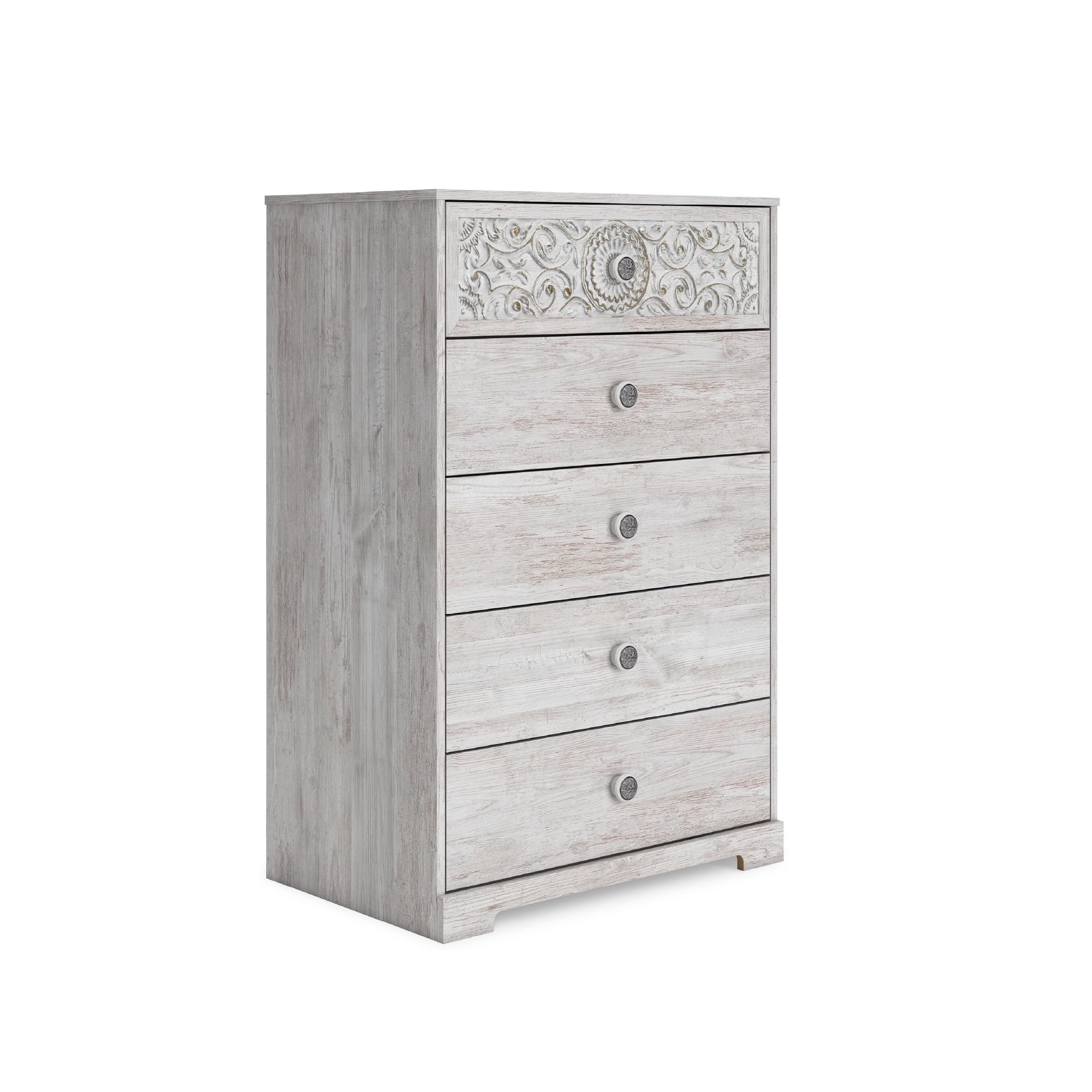 Signature Design by Ashley Shawburn Rustic 5 Drawer Chest of Smooth-Gliding Drawers and Safety Stop, White & Gray Gronata