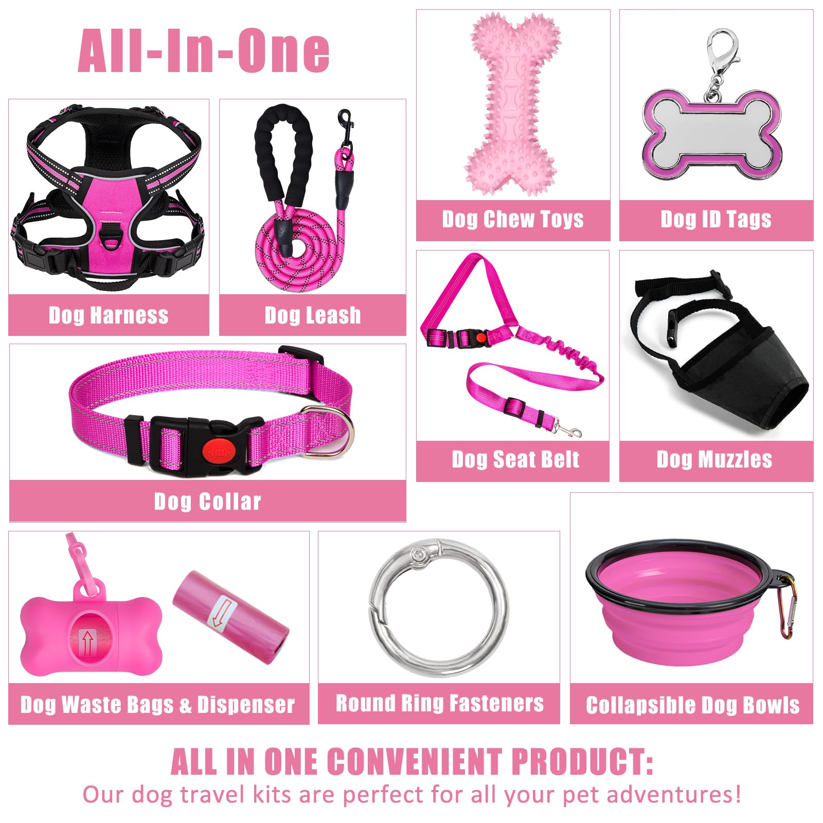 YXFDOYT No Pull Dog Harness Adjustable Collar & Leash Set - Dog Halter Harnesses Collapsible Bowls & Poop Bag Dispenser Muzzle ID Tags Toys Fits Small Medium Large Dogs (Pink-L) Gronata