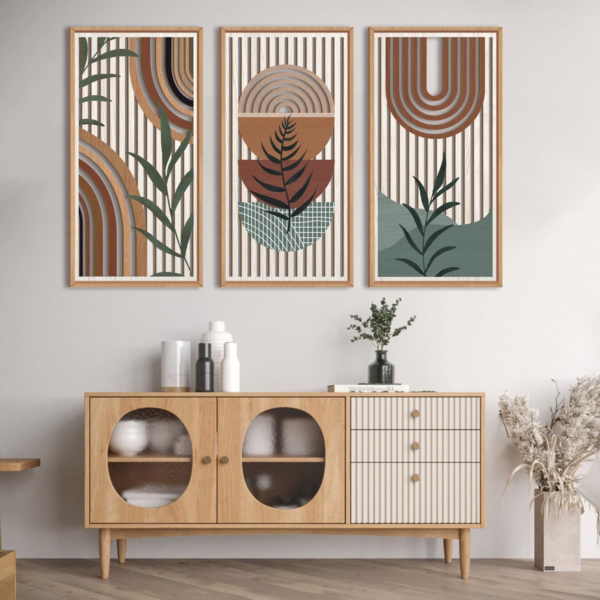 IARTTOP Large Boho Mid-century Modern Wood Wall Art 16x32 Inch Framed Green Abstract Leaf Wooden Wall Decor Bohemian Minimalist Geometric Wall Art Decor for Bedroom Living Room Office Set of 3 Gronata