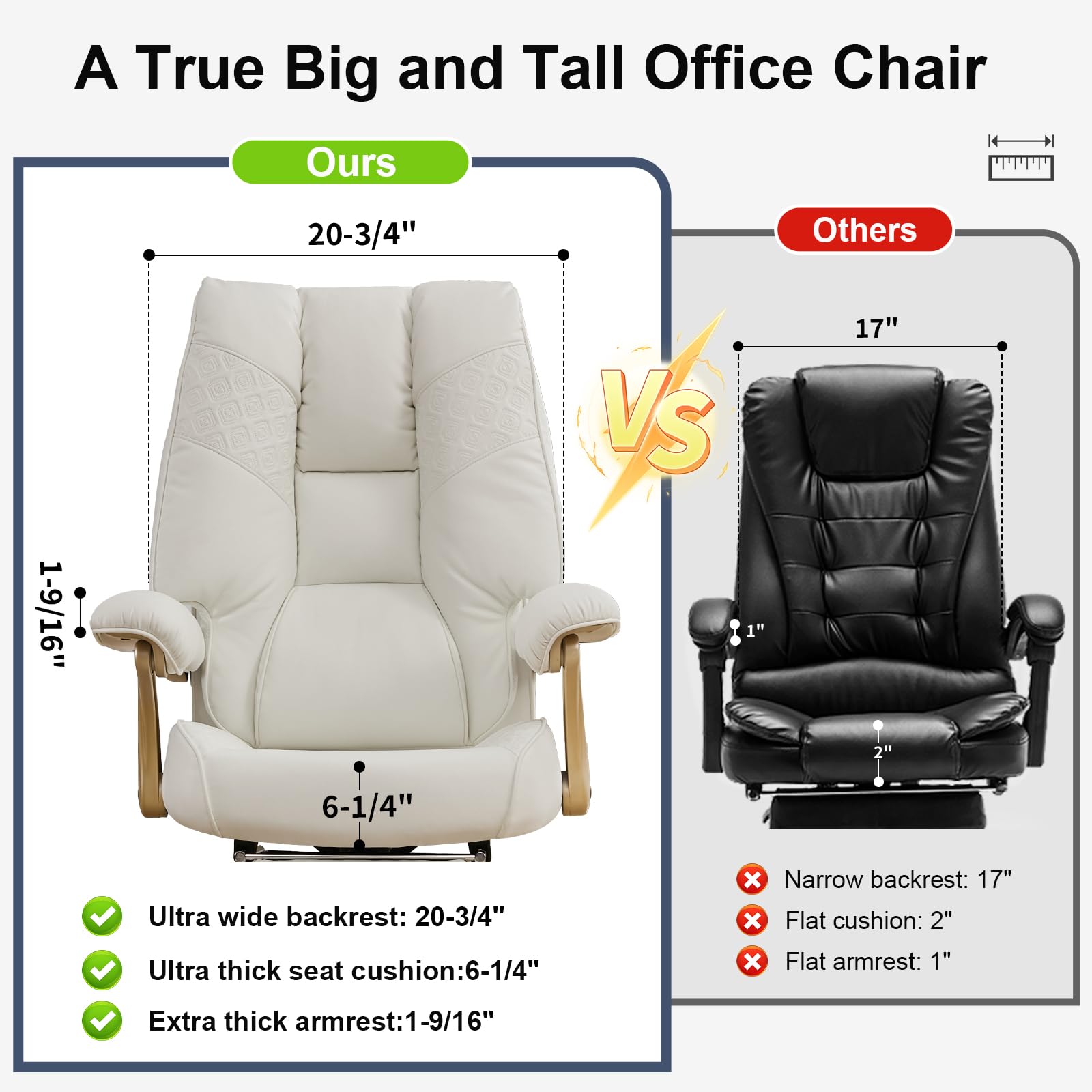 EXCEBET Big and Tall Executive Office Chair with Footrest, 400LBS Capacity Ergonomic High-Back Desk Office Chair with Lumbar Support, Padded Armrests & Thick Cushion, White PU Leather Chairs Gronata