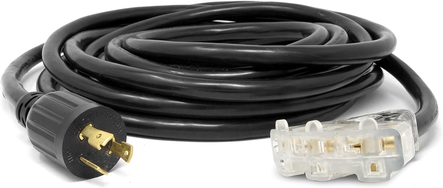 Wen PC2513 25 ft. 30-Amp 10-Gauge SJTW Fan-Style 10/3 Generator Extension Cord (converts L5-30R to Three 5-20R outlets), Black Gronata
