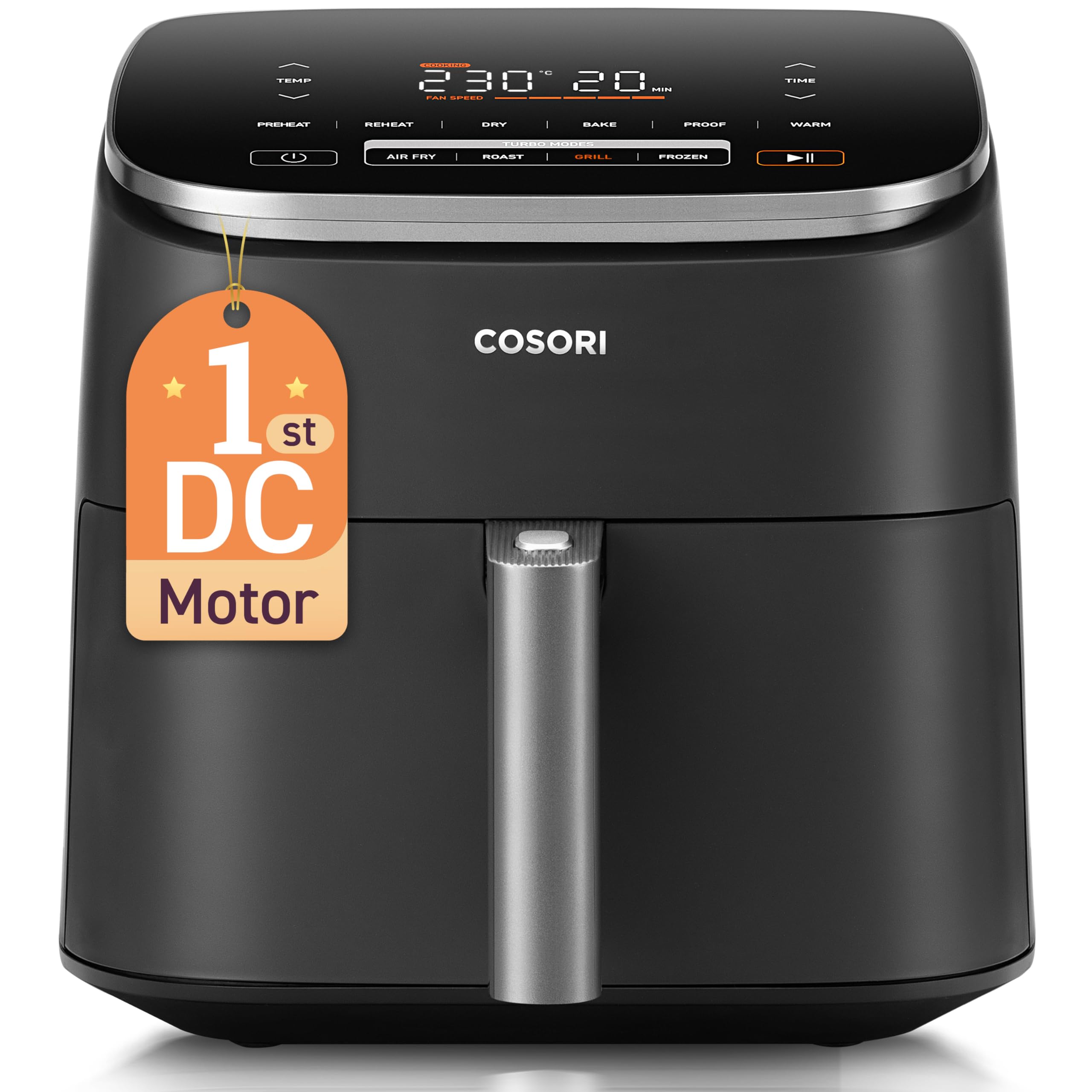 Cosori 9-in-1 TurboBlaze Air Fryer 6 Qt, PFAS-Free Ceramic Coating, 90°–450°F, Precise Heating for Even Results, Air Fry, Roast, Bake, Broil, Dry, Frozen, Proof, Reheat, Keep Warm, 120V, Dark Gray Gronata