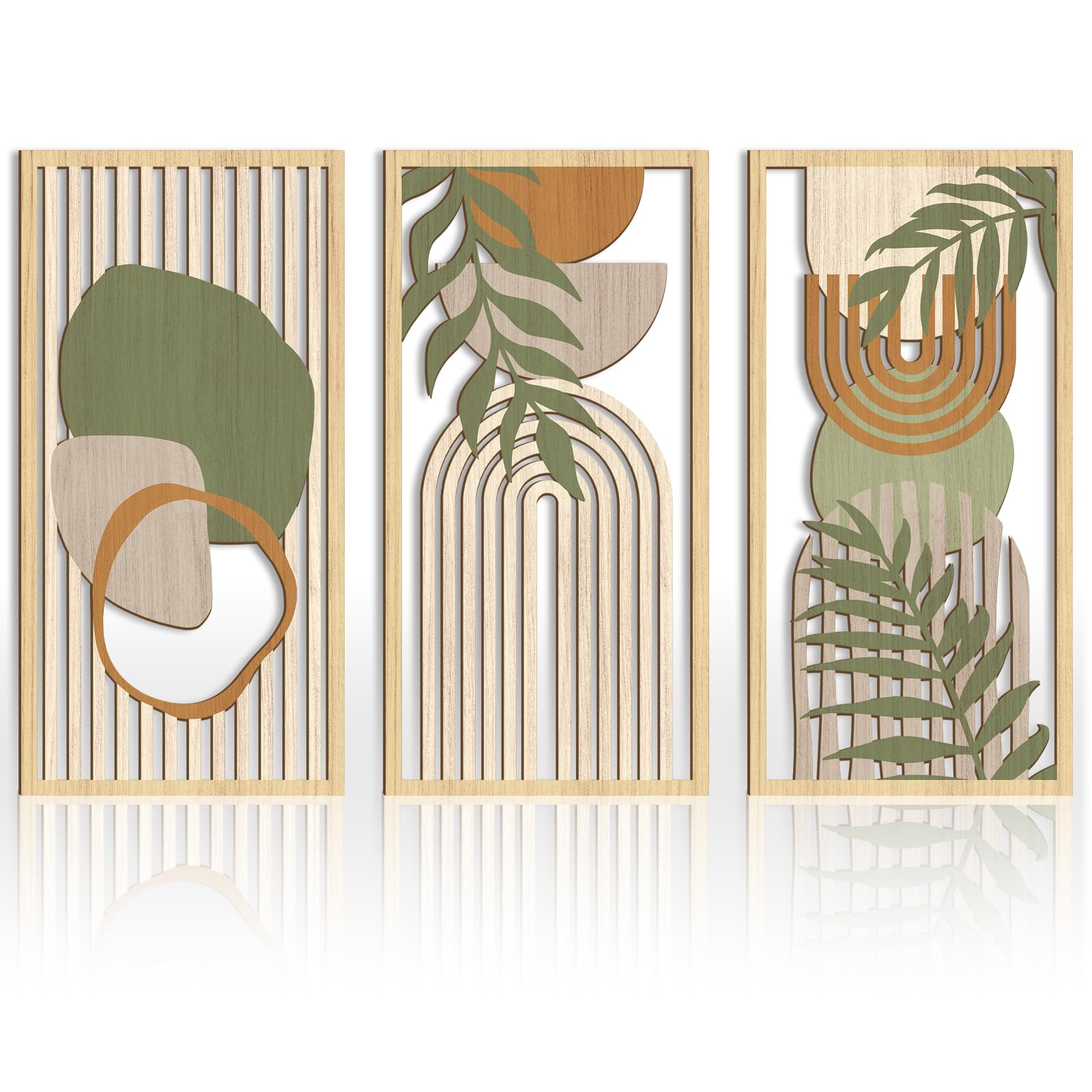 IARTTOP Large Boho Mid-century Modern Wood Wall Art 16x32 Inch Framed Green Abstract Leaf Wooden Wall Decor Bohemian Minimalist Geometric Wall Art Decor for Bedroom Living Room Office Set of 3 Gronata