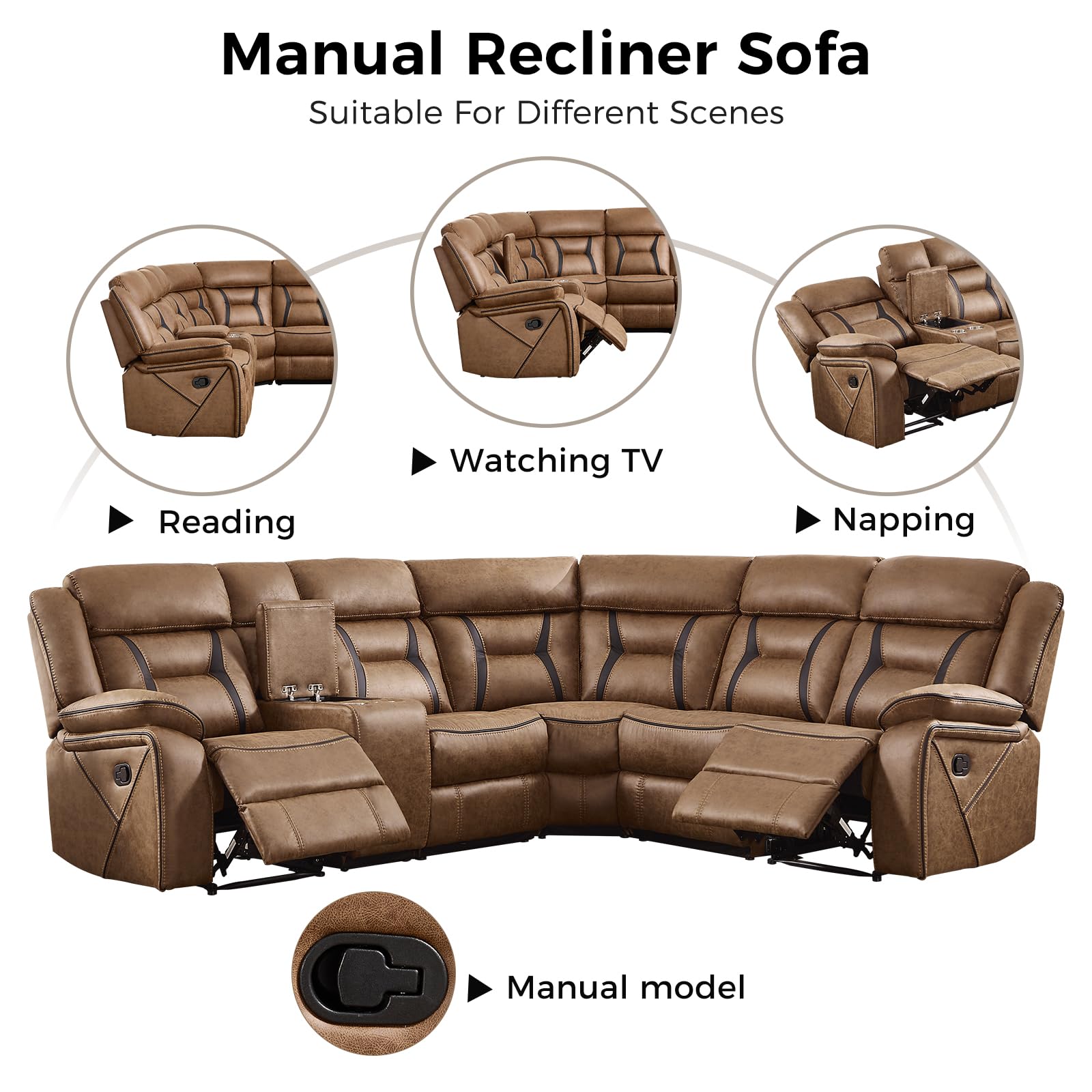 EBELLO Faux Leather Recliner Sofa Furniture Set for Living Room, 2 Recliner Chairs, 3 Seat Reclining Sofa Couch Set for Meeting Room, Brown Gronata
