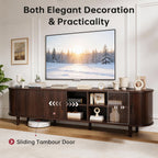 OneBlis 70" Mid Century Modern TV Stand, Wood TV Consoles with Sliding Doors and Power Outlet, Entertainment Center with Adjustable Shelves, Fluted TV Stands for Living Room, Walnut Gronata
