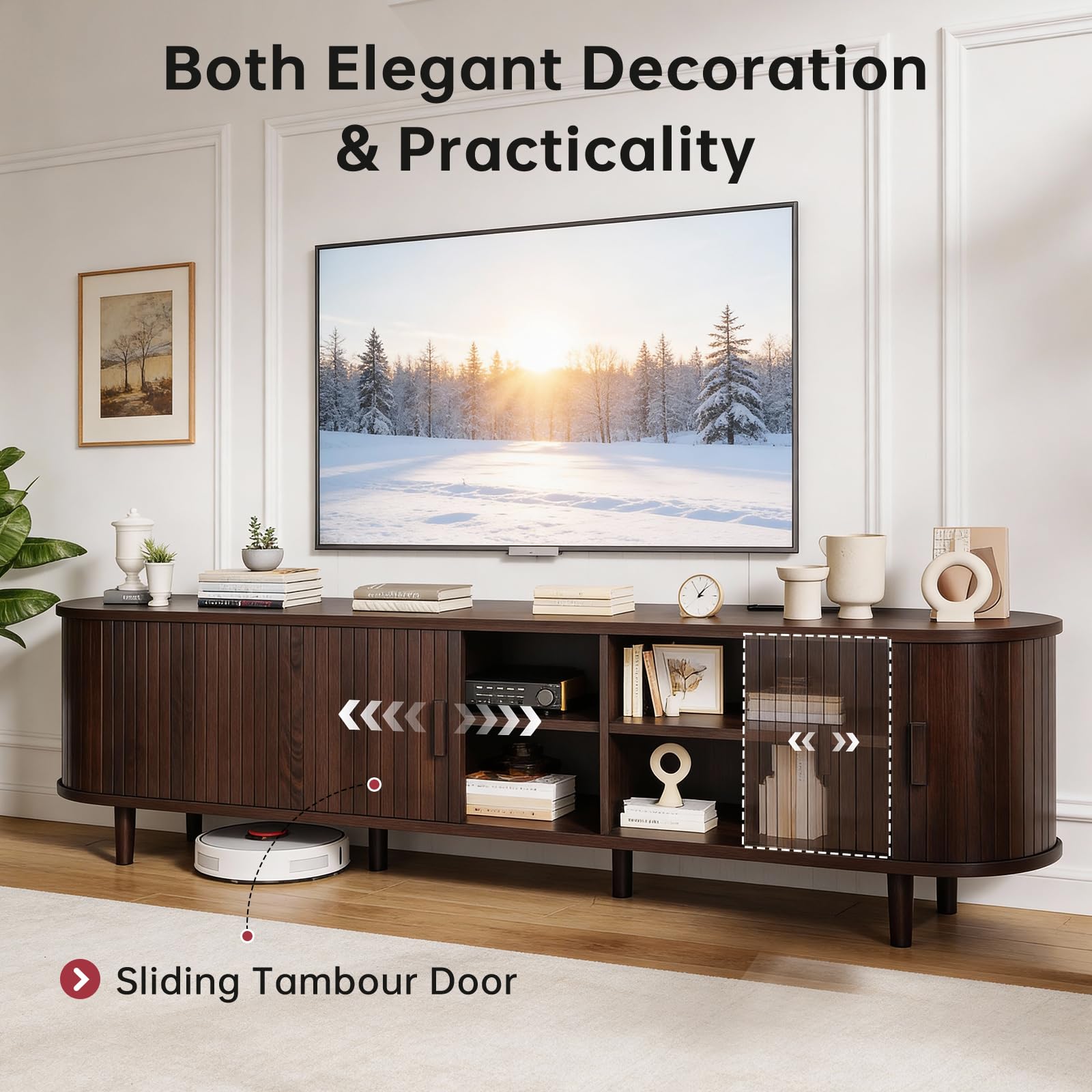 OneBlis 70" Mid Century Modern TV Stand, Wood TV Consoles with Sliding Doors and Power Outlet, Entertainment Center with Adjustable Shelves, Fluted TV Stands for Living Room, Walnut Gronata