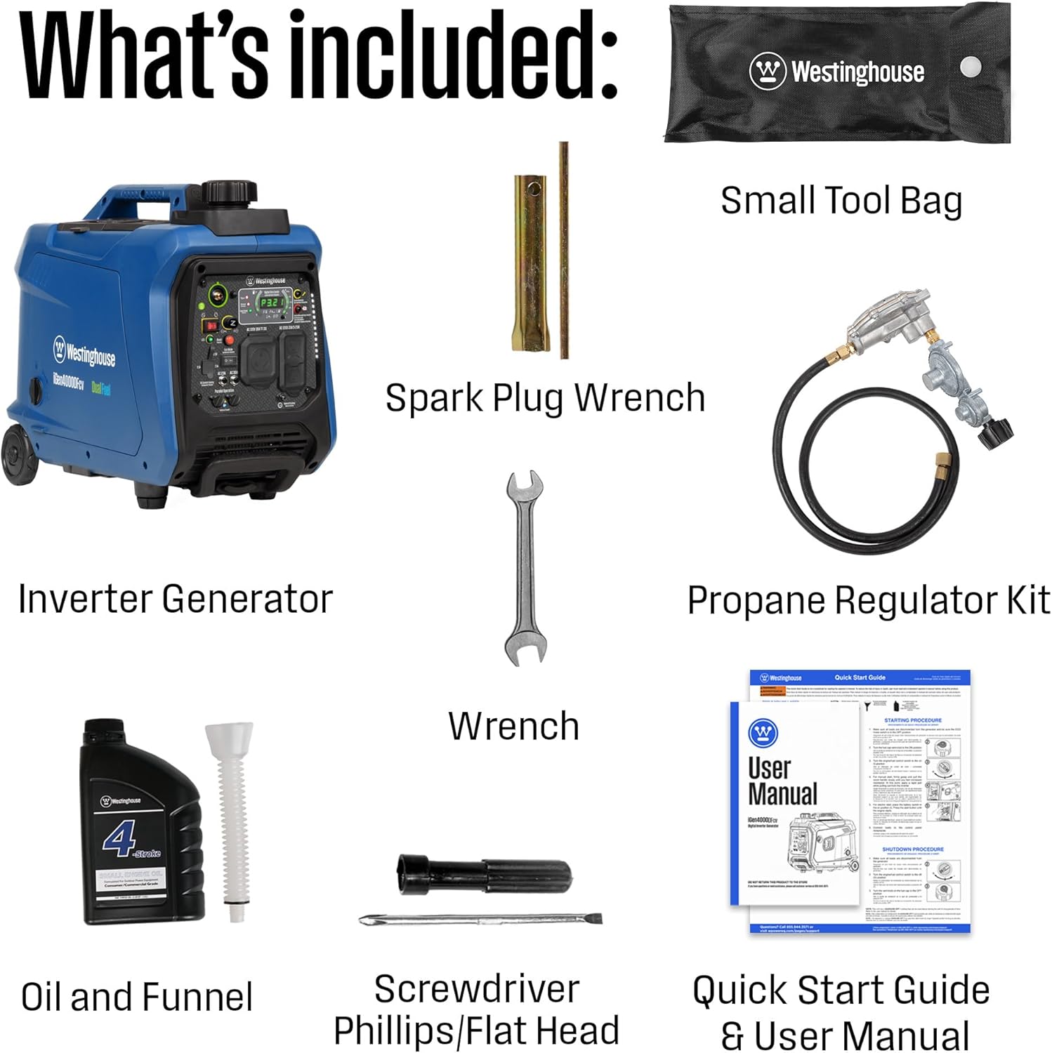 Westinghouse 4000 Peak Watt Super Quiet Dual Fuel Portable Inverter Generator, Wheel & Handle Kit, Gas & Propane Powered, RV Ready, CO Sensor, Parallel Capable Gronata