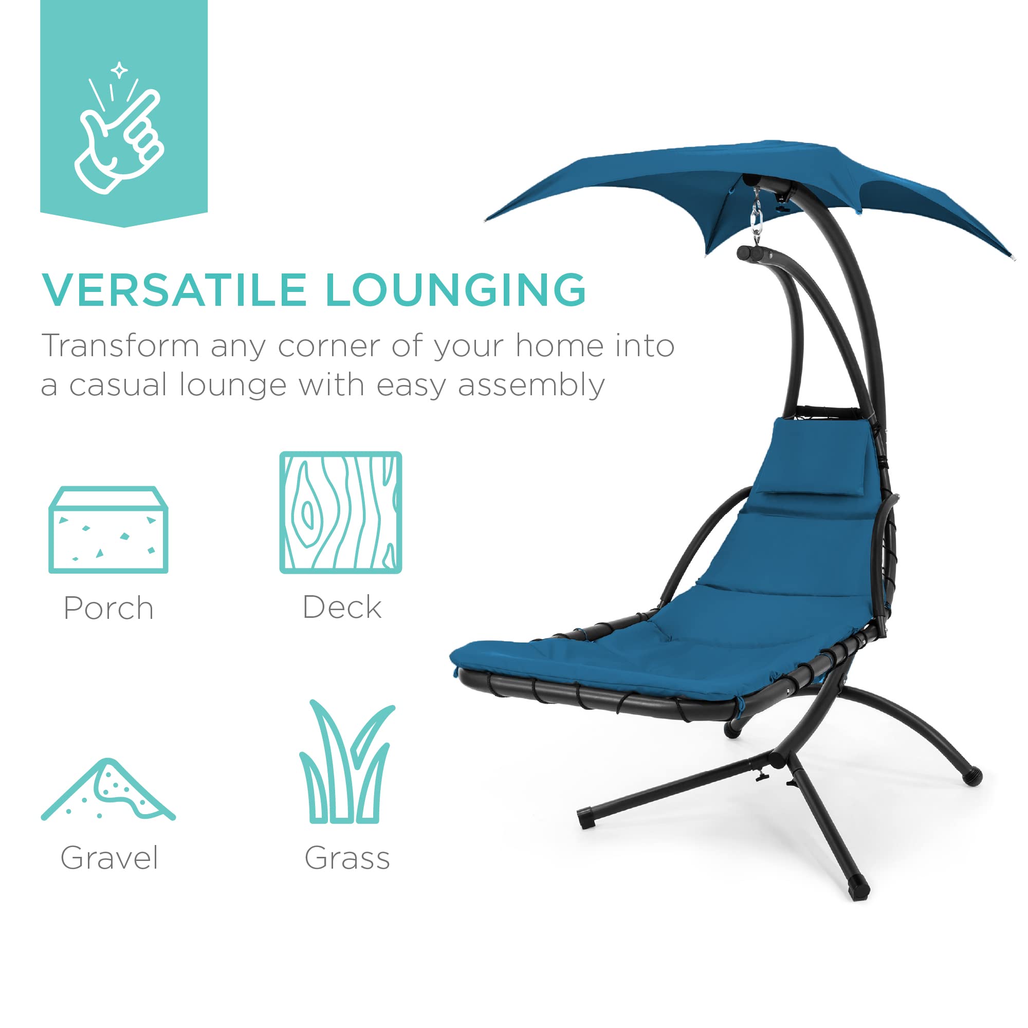 Best Choice Products Outdoor Hanging Curved Steel Chaise Lounge Chair Swing w/Built-in Pillow and Removable Canopy - Navy Blue Gronata