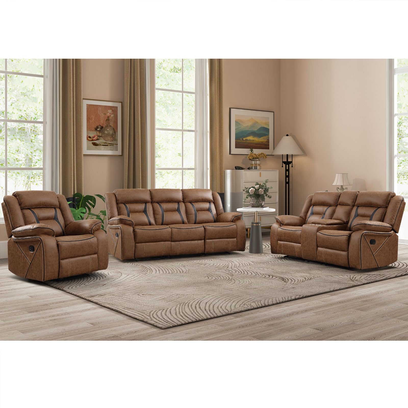 EBELLO Faux Leather Recliner Sofa Furniture Set for Living Room, 2 Recliner Chairs, 3 Seat Reclining Sofa Couch Set for Meeting Room, Brown Gronata