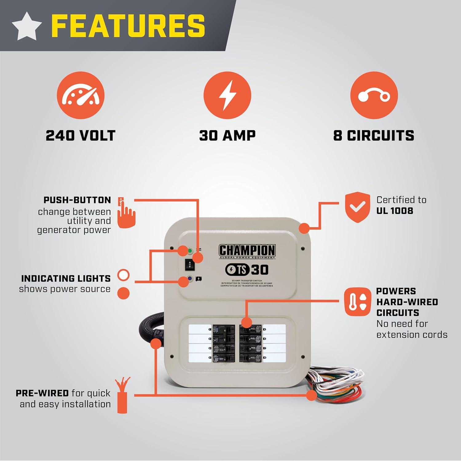 Champion Power Equipment 30-Amp Indoor-Rated Manual Transfer Switch with 25-Foot Generator Power Cord and Weather-Resistant Power Inlet Box Gronata