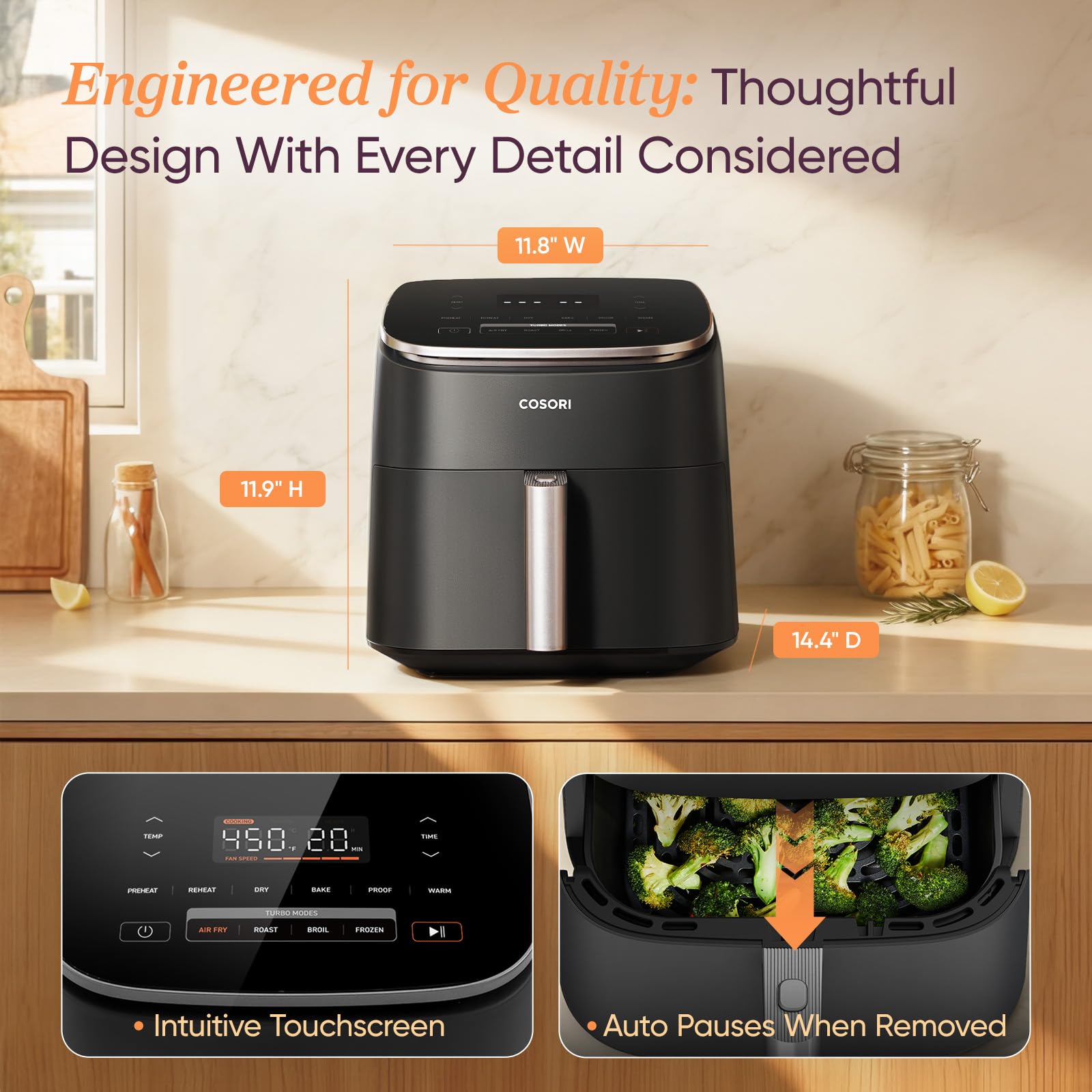 Cosori 9-in-1 TurboBlaze Air Fryer 6 Qt, PFAS-Free Ceramic Coating, 90°–450°F, Precise Heating for Even Results, Air Fry, Roast, Bake, Broil, Dry, Frozen, Proof, Reheat, Keep Warm, 120V, Dark Gray Gronata