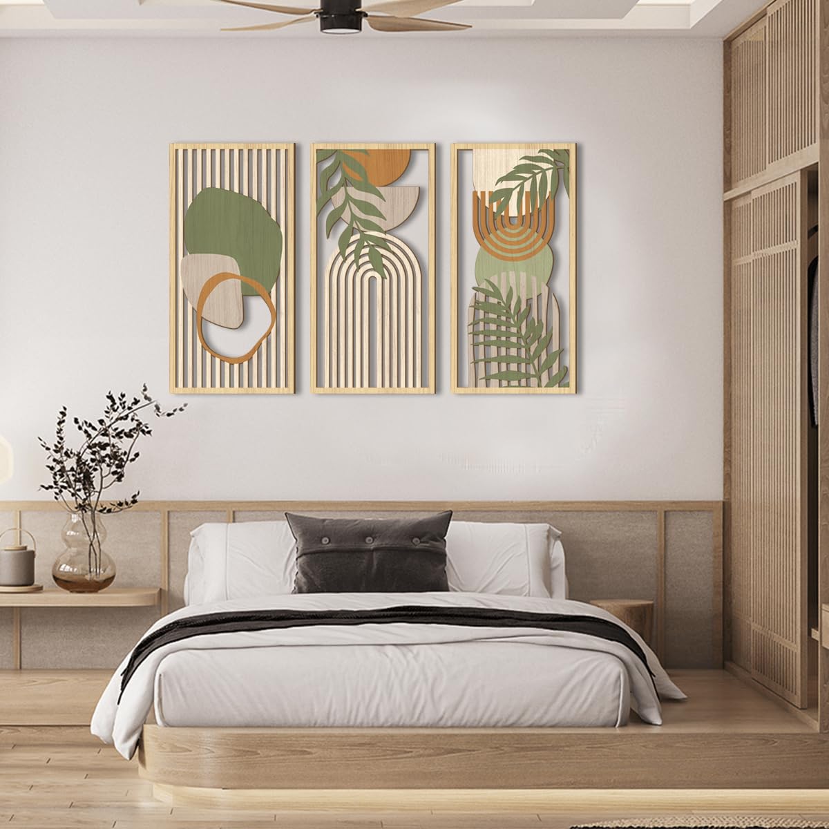 IARTTOP Large Boho Mid-century Modern Wood Wall Art 16x32 Inch Framed Green Abstract Leaf Wooden Wall Decor Bohemian Minimalist Geometric Wall Art Decor for Bedroom Living Room Office Set of 3 Gronata