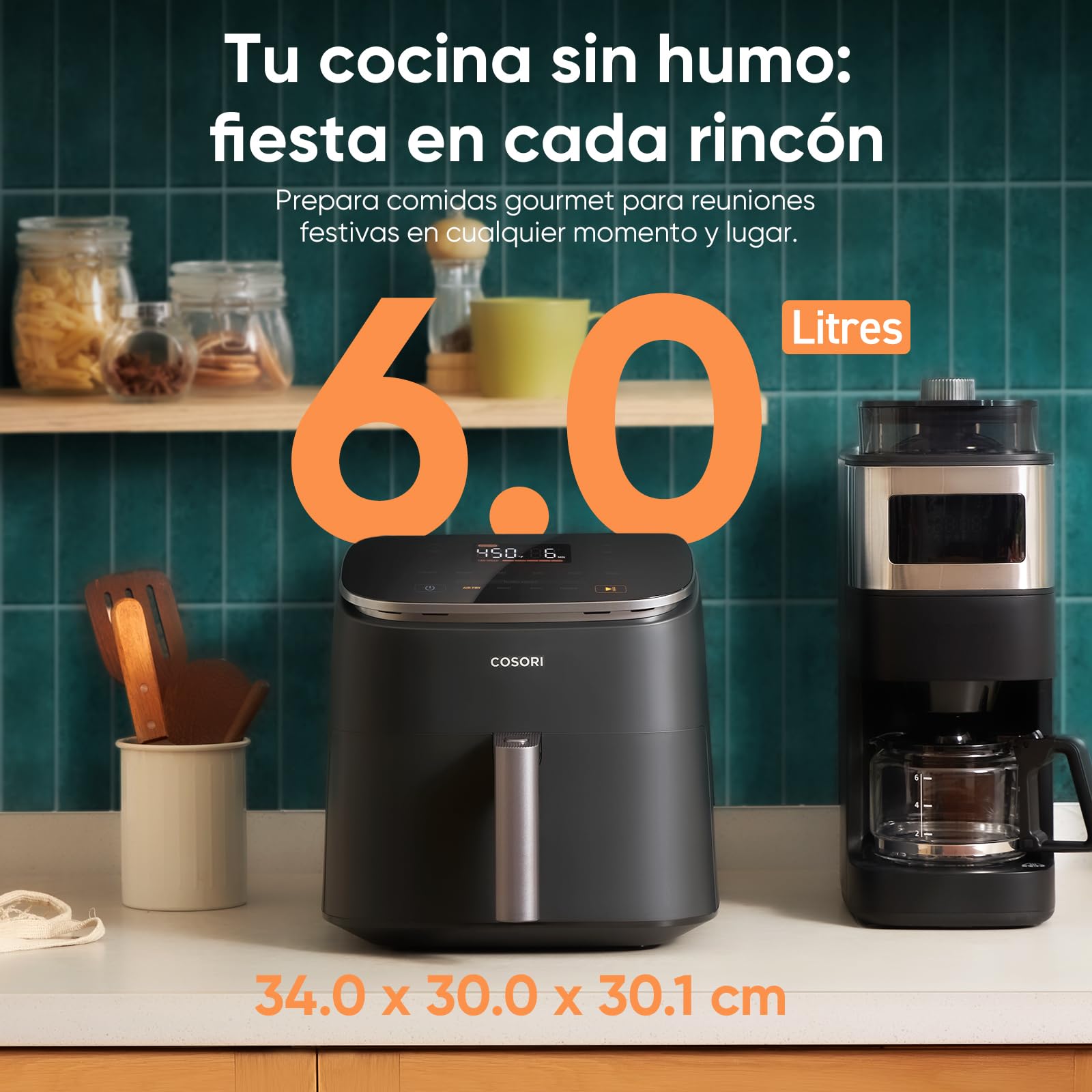 Cosori 9-in-1 TurboBlaze Air Fryer 6 Qt, PFAS-Free Ceramic Coating, 90°–450°F, Precise Heating for Even Results, Air Fry, Roast, Bake, Broil, Dry, Frozen, Proof, Reheat, Keep Warm, 120V, Dark Gray Gronata