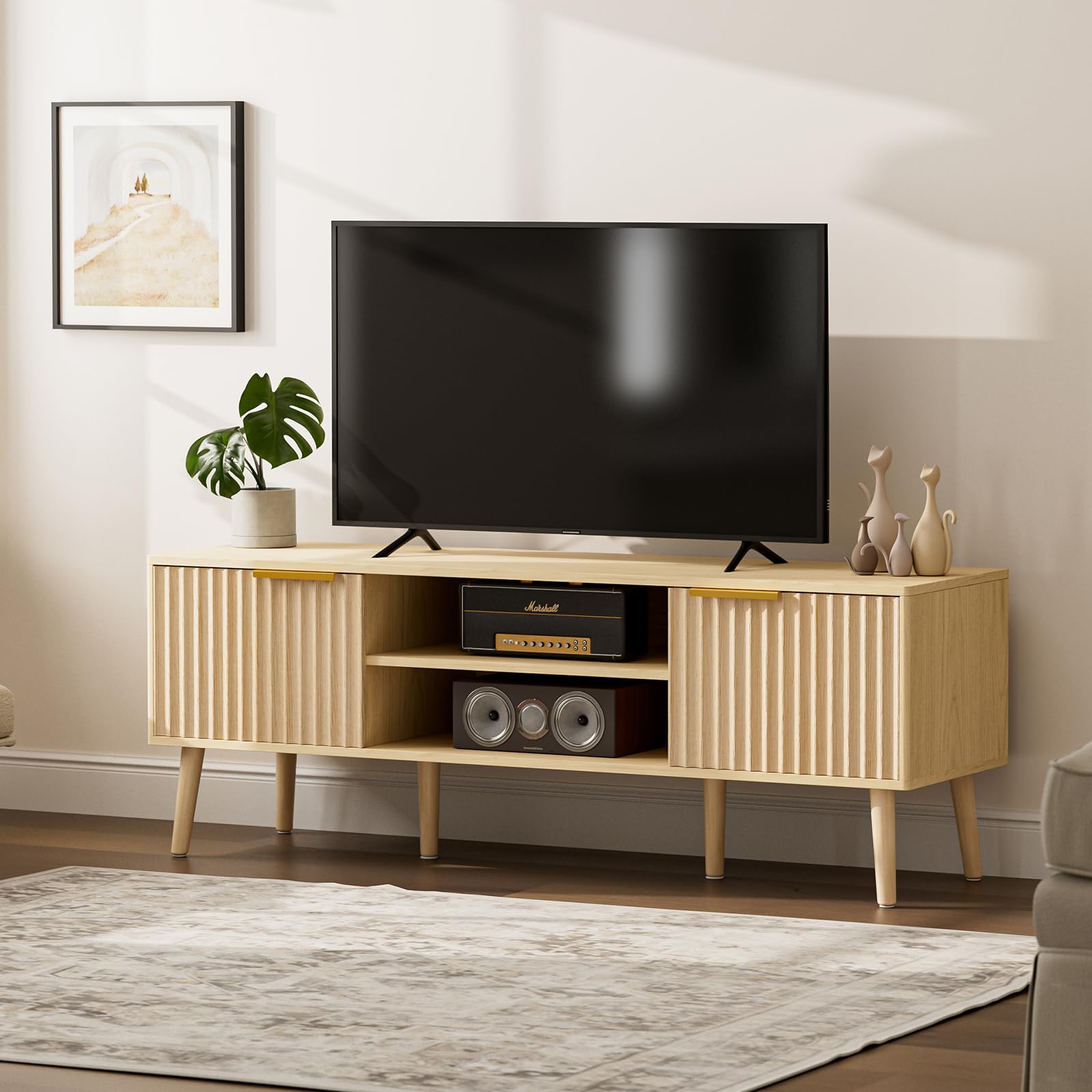 LCRBOL TV Stand for Living Room, Mid Century Modern Entertainment Center for 55/60 inch TVs, TV Console with Fluted Door Cabinets and Open Shelves, for Bedroom, Walnut Gronata