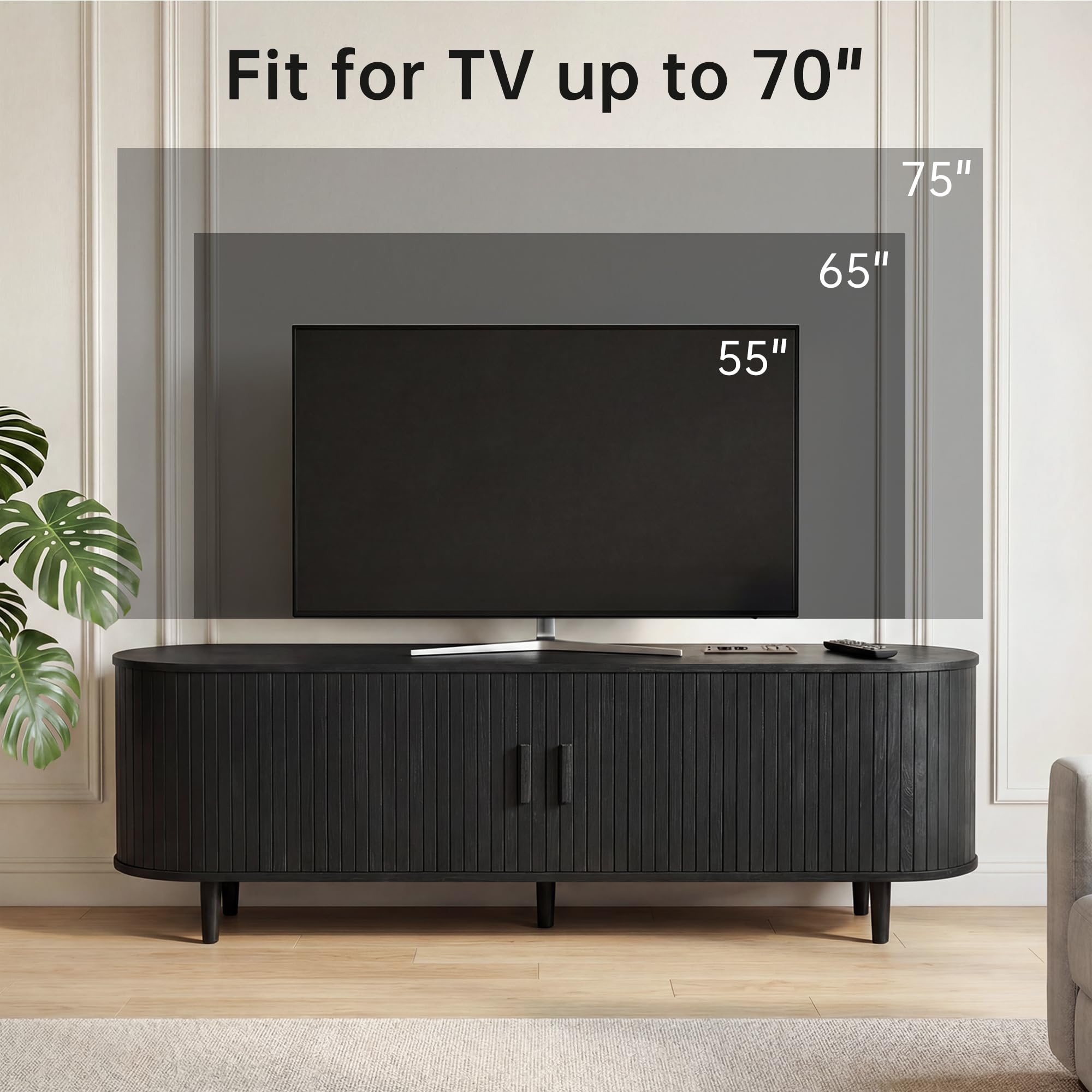 OneBlis 70" Mid Century Modern TV Stand, Wood TV Consoles with Sliding Doors and Power Outlet, Entertainment Center with Adjustable Shelves, Fluted TV Stands for Living Room, Walnut Gronata