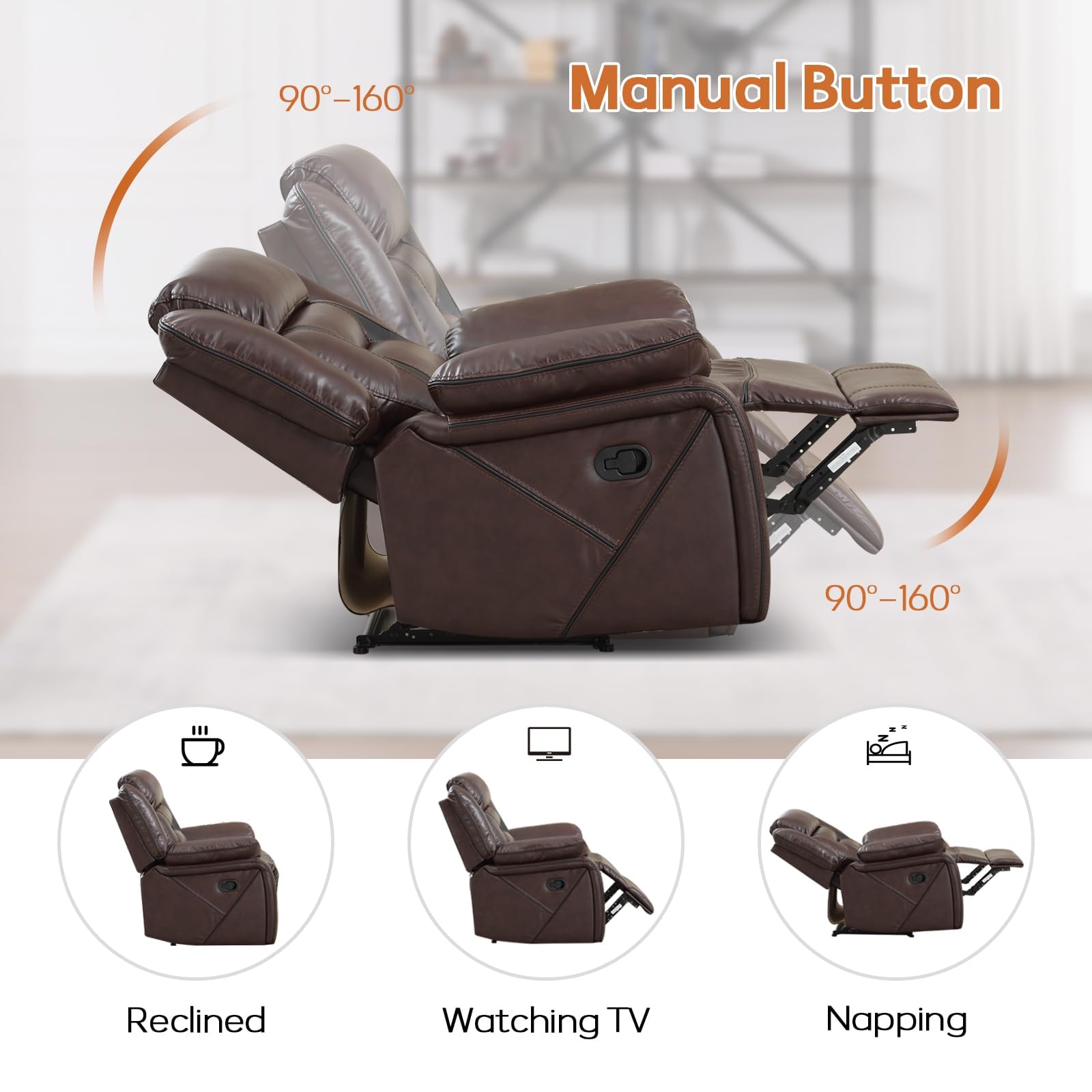 EBELLO Faux Leather Recliner Sofa Furniture Set for Living Room, 2 Recliner Chairs, 3 Seat Reclining Sofa Couch Set for Meeting Room, Brown Gronata