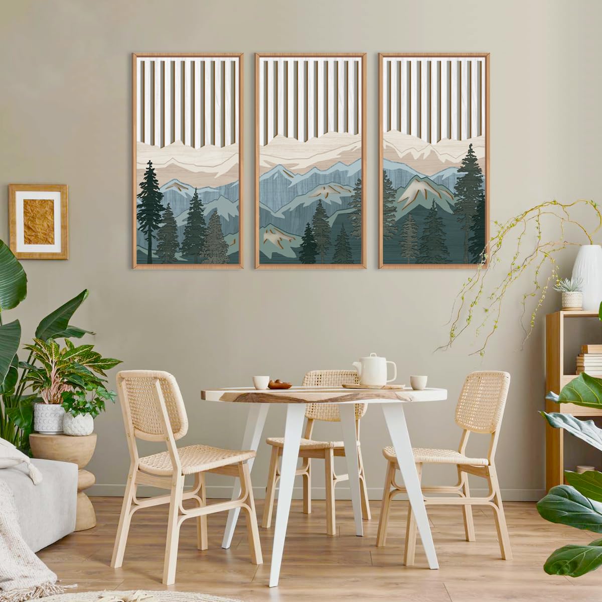IARTTOP Large Boho Mid-century Modern Wood Wall Art 16x32 Inch Framed Green Abstract Leaf Wooden Wall Decor Bohemian Minimalist Geometric Wall Art Decor for Bedroom Living Room Office Set of 3 Gronata