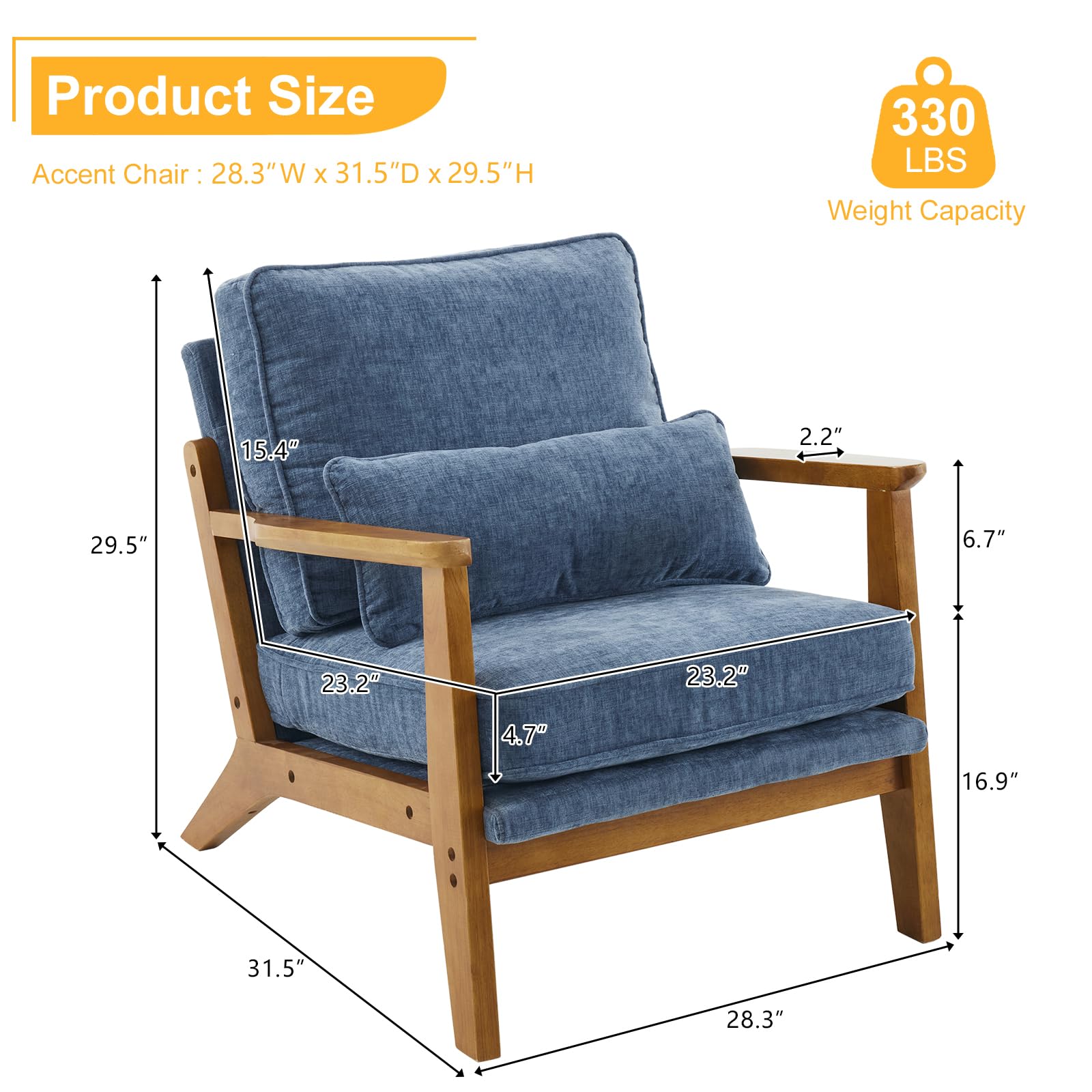 Karl home Accent Chair Wide Armrest Mid-Century Lounge Chair Linen Fabric Armchair with Lumbar Pillow & Solid Wood Frame for Living Room, Bedroom, Balcony, Green Gronata