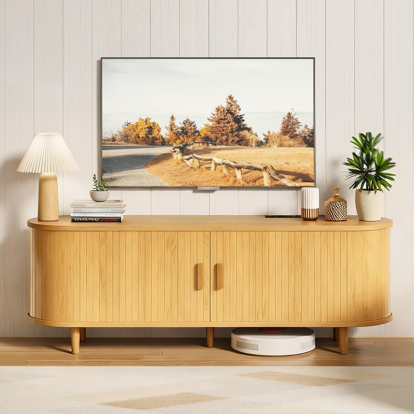 OneBlis 70" Mid Century Modern TV Stand, Wood TV Consoles with Sliding Doors and Power Outlet, Entertainment Center with Adjustable Shelves, Fluted TV Stands for Living Room, Walnut Gronata