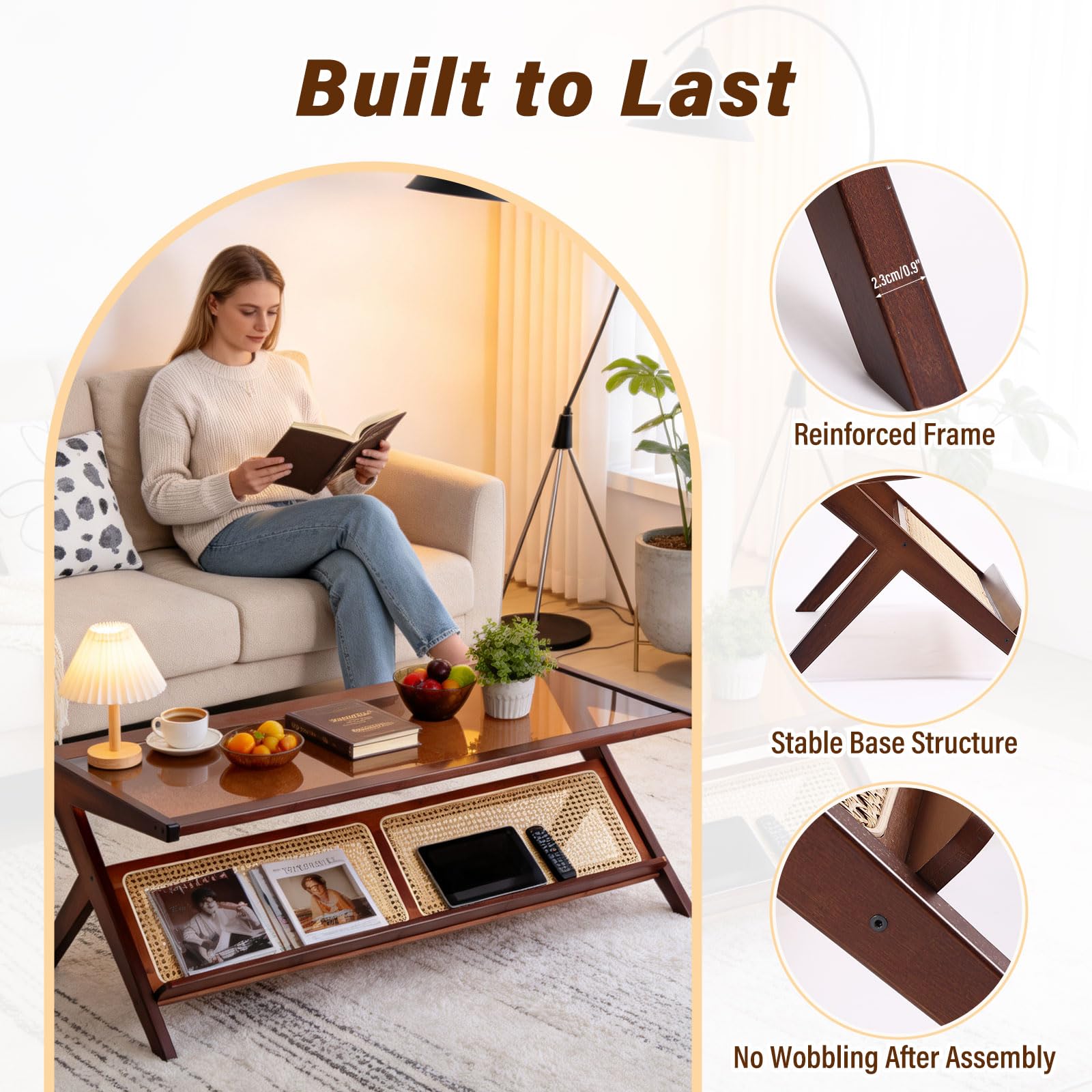 Tiita Rattan Coffee Table, Bamboo Accent Bedside Tables, Glass Nightstand Side Table, Boho Wooden End Table with Storage for Living Room,Living Room, Dining Room, Tea, Home Décor Gronata