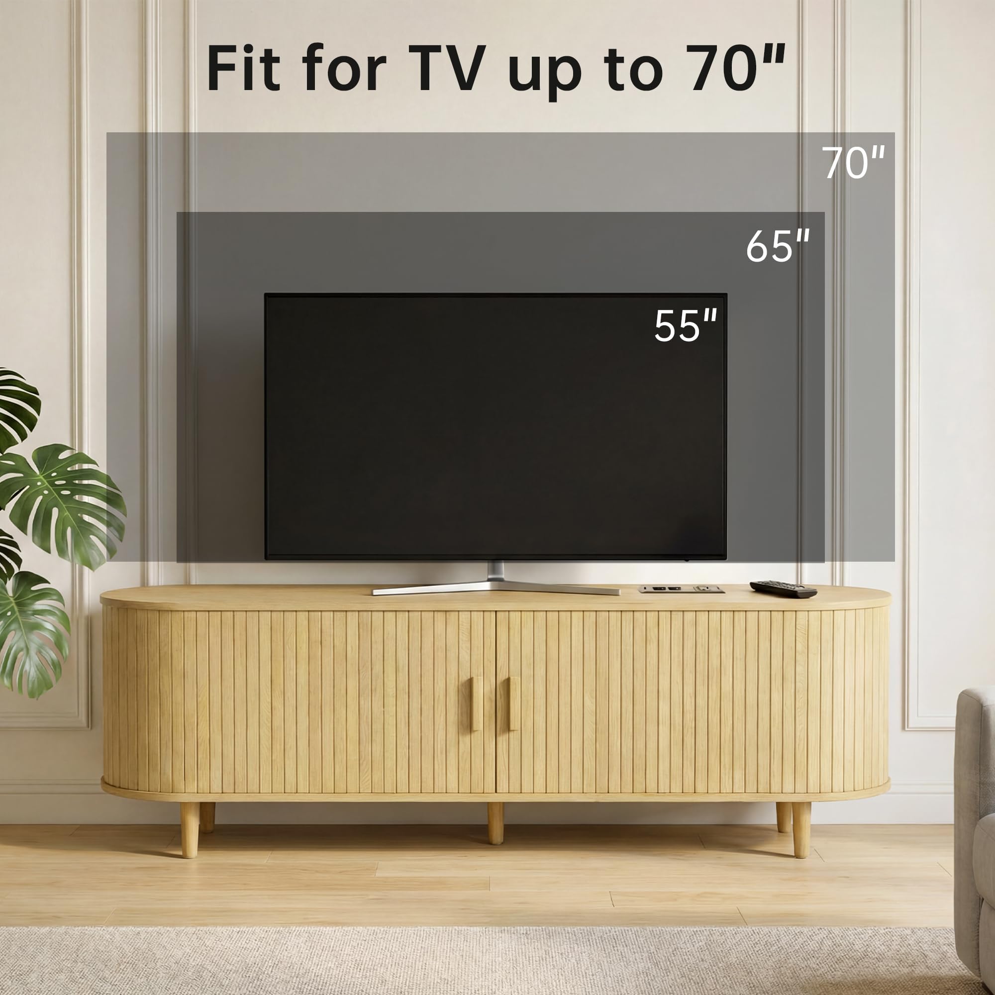 OneBlis 70" Mid Century Modern TV Stand, Wood TV Consoles with Sliding Doors and Power Outlet, Entertainment Center with Adjustable Shelves, Fluted TV Stands for Living Room, Walnut Gronata