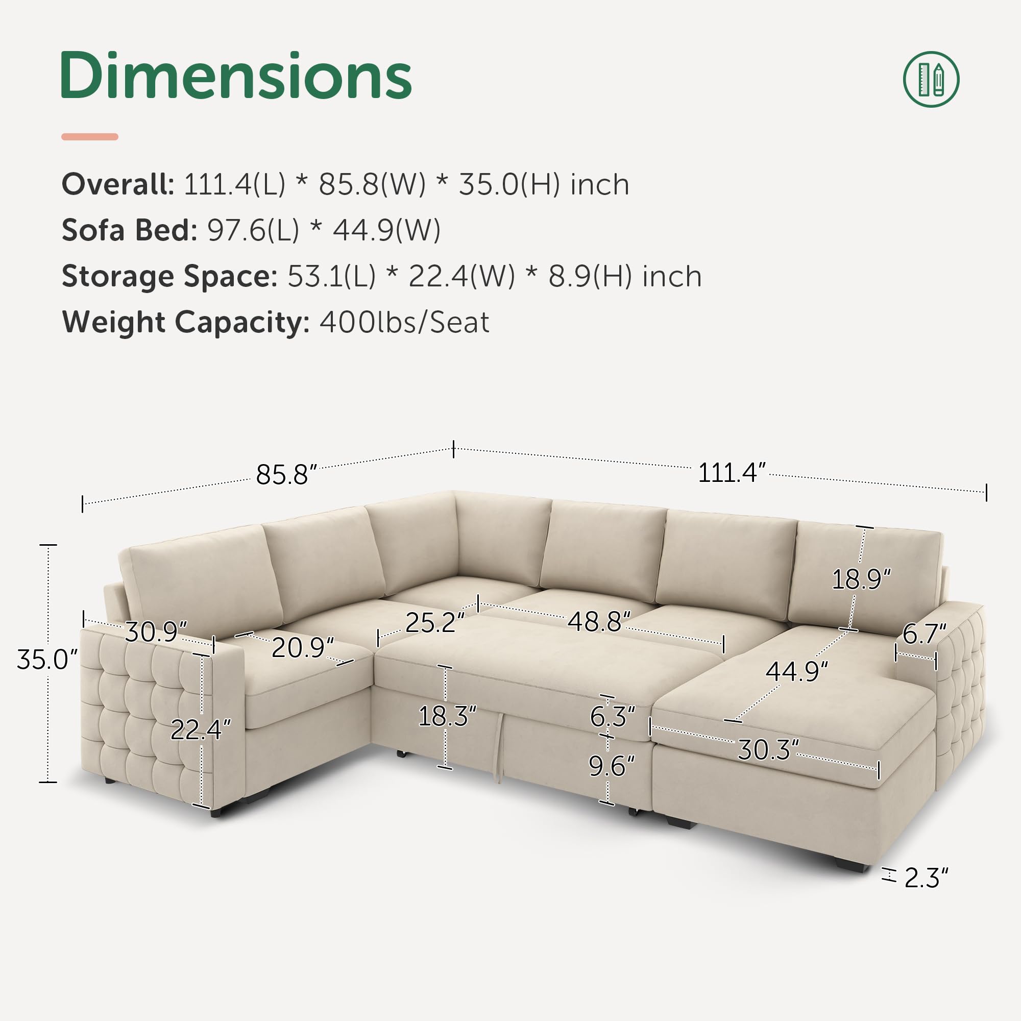 HONBAY Sectional Sleeper Sofa with Pull Out Bed U-Shape Sectional Couch Sleeper Bed with Storage Chaise 6 Seater Sleeper Sectional Sofa, Light Grey Gronata