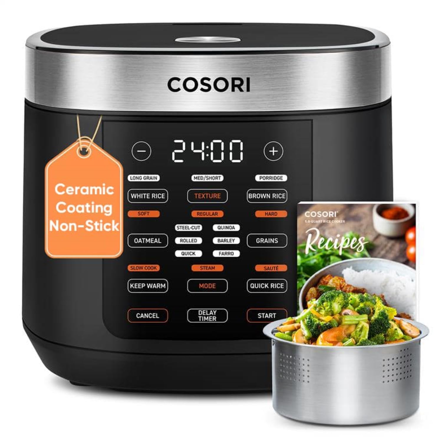 Cosori Rice Cooker 10 Cup, 24h Keep Warm, Non-stick Ceramic Inner Pot, 18 Functions Fuzzy Logic Rice Maker with Stainless Steel Steamer Basket, Sauté, Slow Cooker, Black Gronata