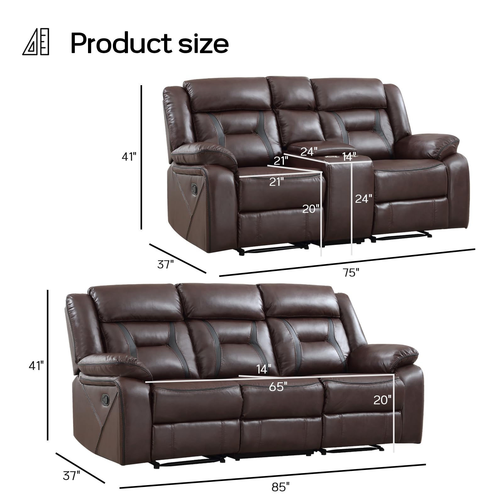 EBELLO Faux Leather Recliner Sofa Furniture Set for Living Room, 2 Recliner Chairs, 3 Seat Reclining Sofa Couch Set for Meeting Room, Brown Gronata