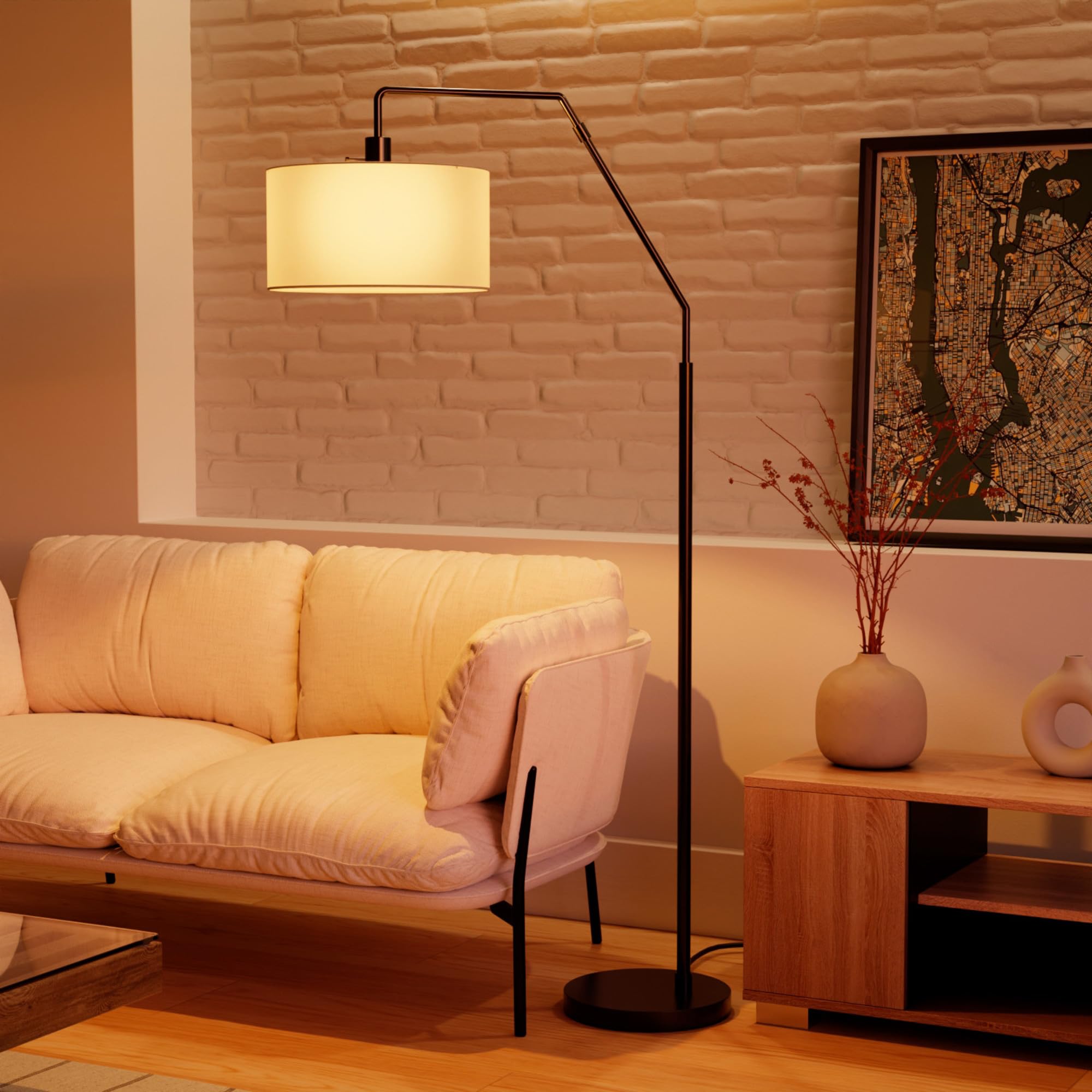 Globe Electric Novogratz x Globe Harrington 65" Floor Lamp, 2-Tone Faux Wood Base, White Fabric Shade, Socket Rotary Switch 67225 Gronata