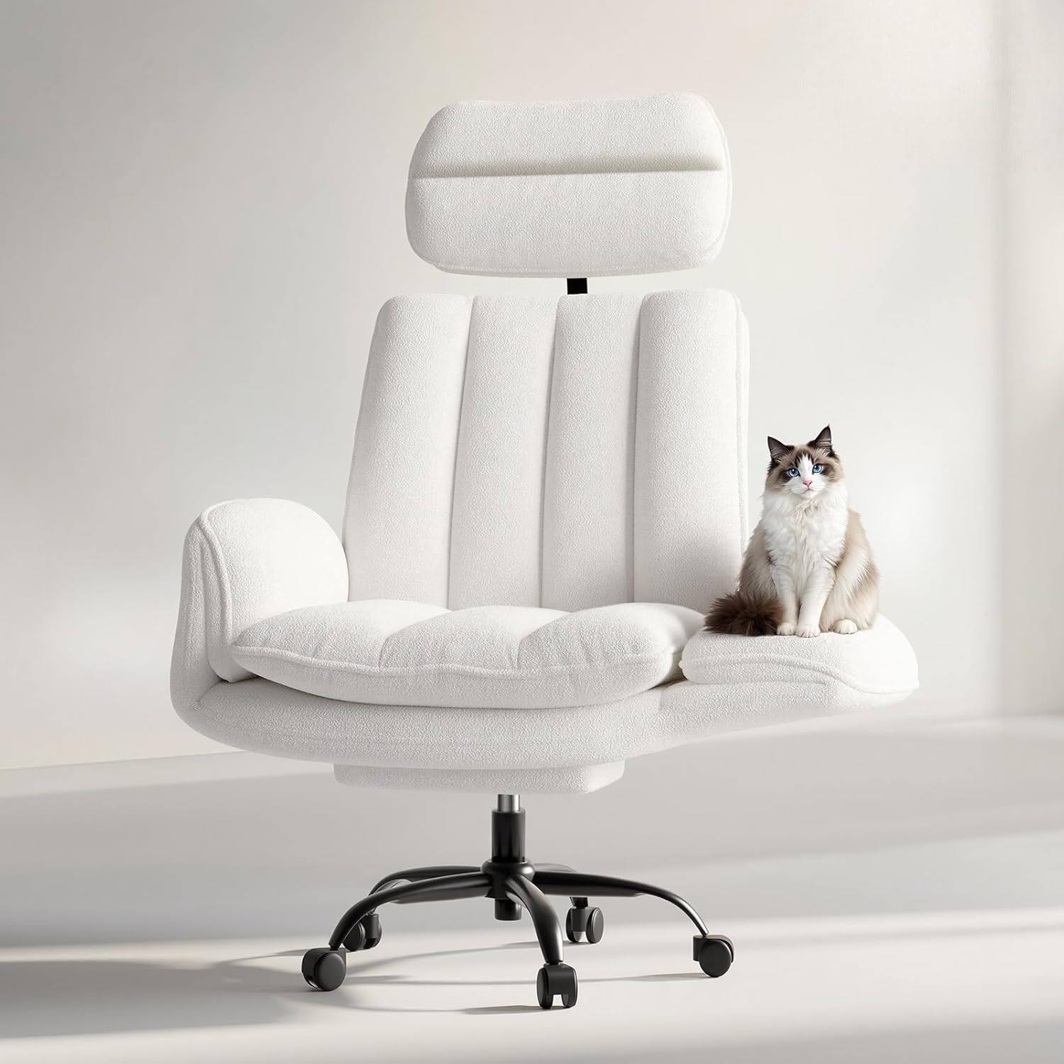 HOMRELEXA Criss Cross Office Chair with Armrests & Wheels, Comfy Velvet Vanity Chair, Ergonomic Executive Gaming Computer Chairs with Foot Rest, Wide Seat Reclining Desk Chair, White Gronata