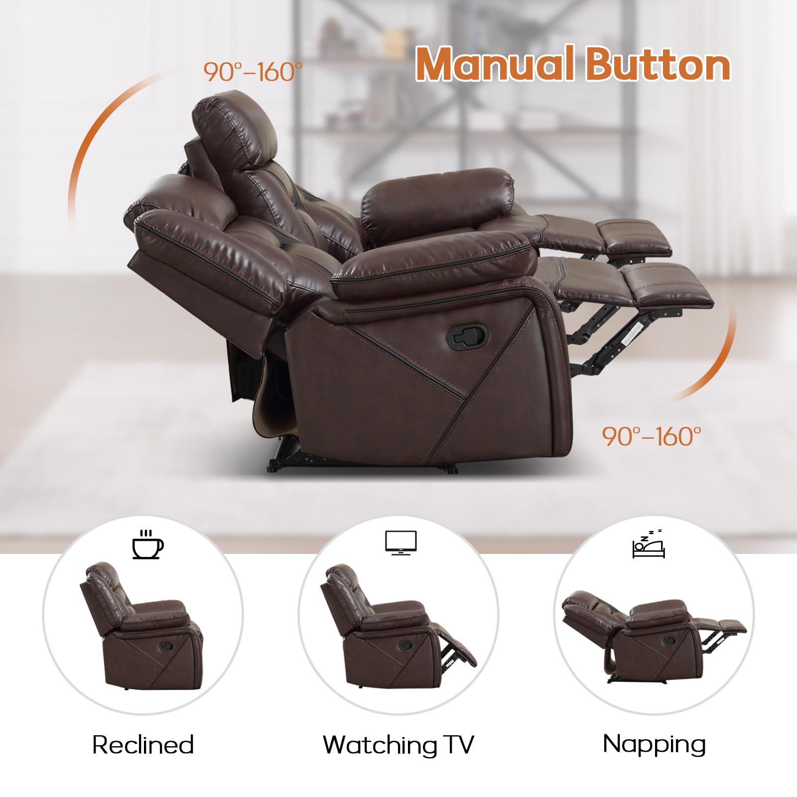 EBELLO Faux Leather Recliner Sofa Furniture Set for Living Room, 2 Recliner Chairs, 3 Seat Reclining Sofa Couch Set for Meeting Room, Brown Gronata
