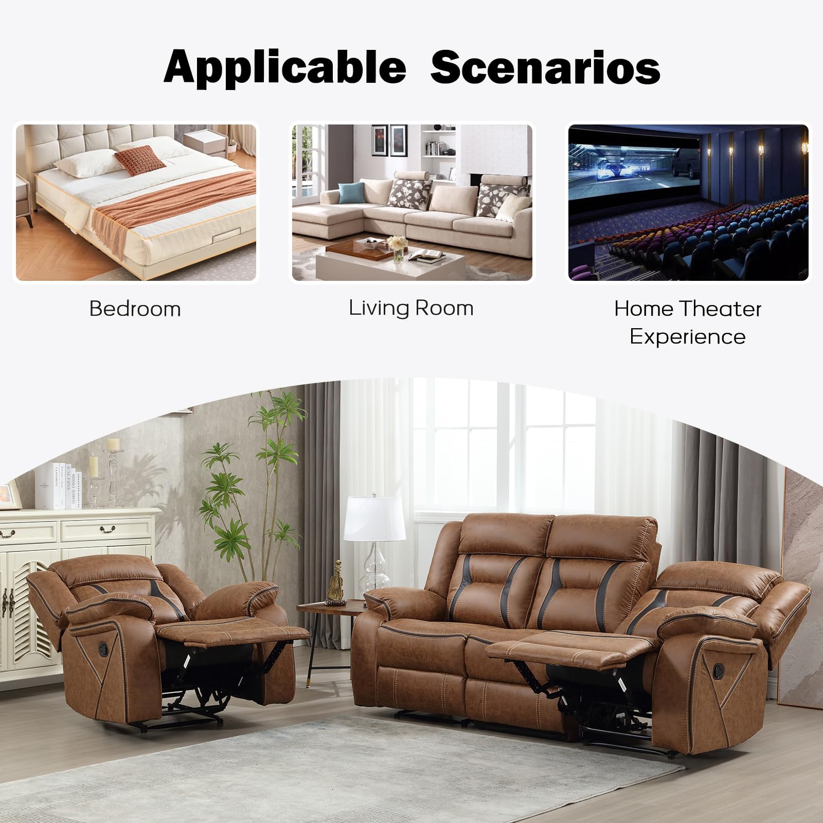 EBELLO Faux Leather Recliner Sofa Furniture Set for Living Room, 2 Recliner Chairs, 3 Seat Reclining Sofa Couch Set for Meeting Room, Brown Gronata